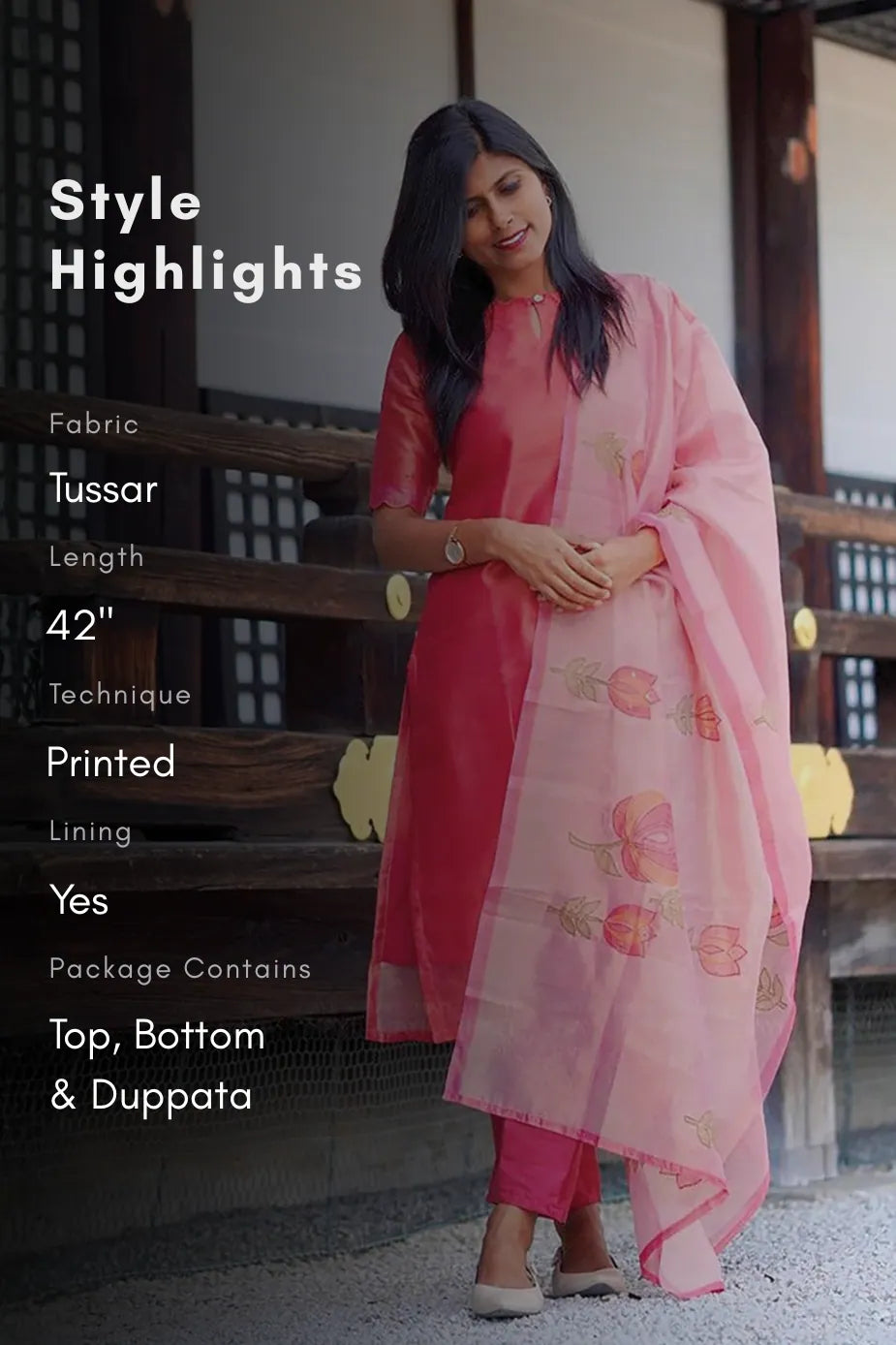 Tavira Pink 3 piece Tussar Silk Blend Printed Kurta with Pant &amp; Dupatta