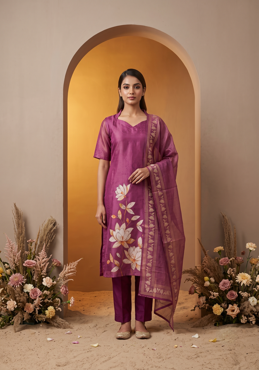 Niloufer Pink printed 2 Piece Muslin Shimmer Silk Kurta with Dupatta