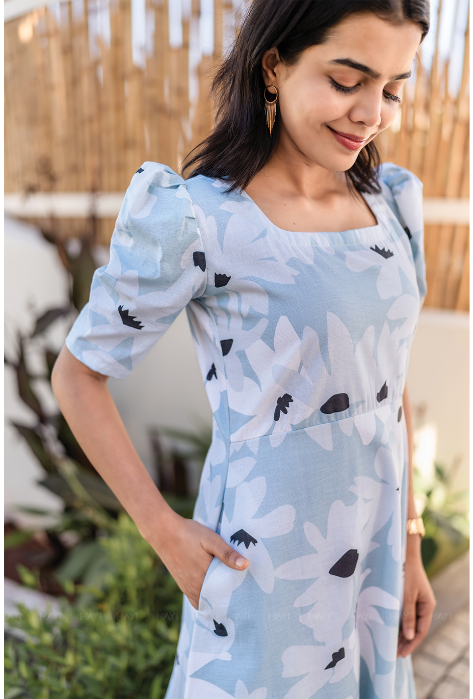 Fleur Blue Cotton Blend Dress with Rounded Square Neck &amp; Leg-O-Mutton Sleeves