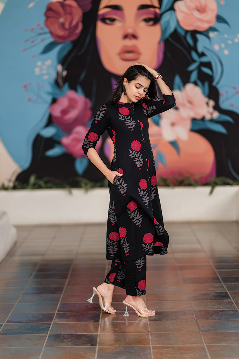 Fuchsia Mist Black Cotton Co-ord with Chinese collar &amp; 3/4th sleeves