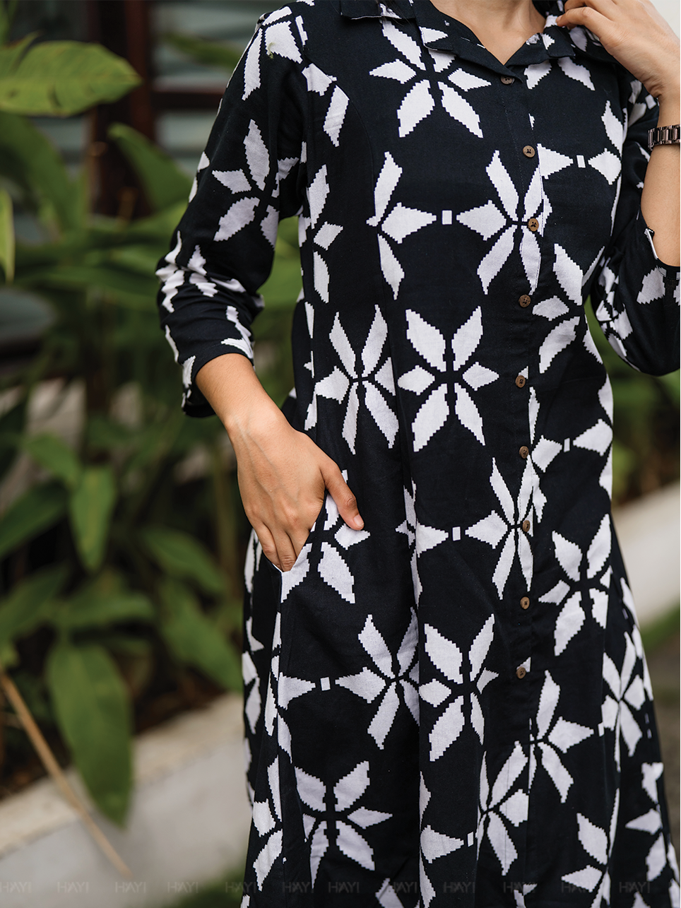 Charcoal Charm Black Cotton Flex Co-ord with Shirt Collar &amp; Elbow sleeves