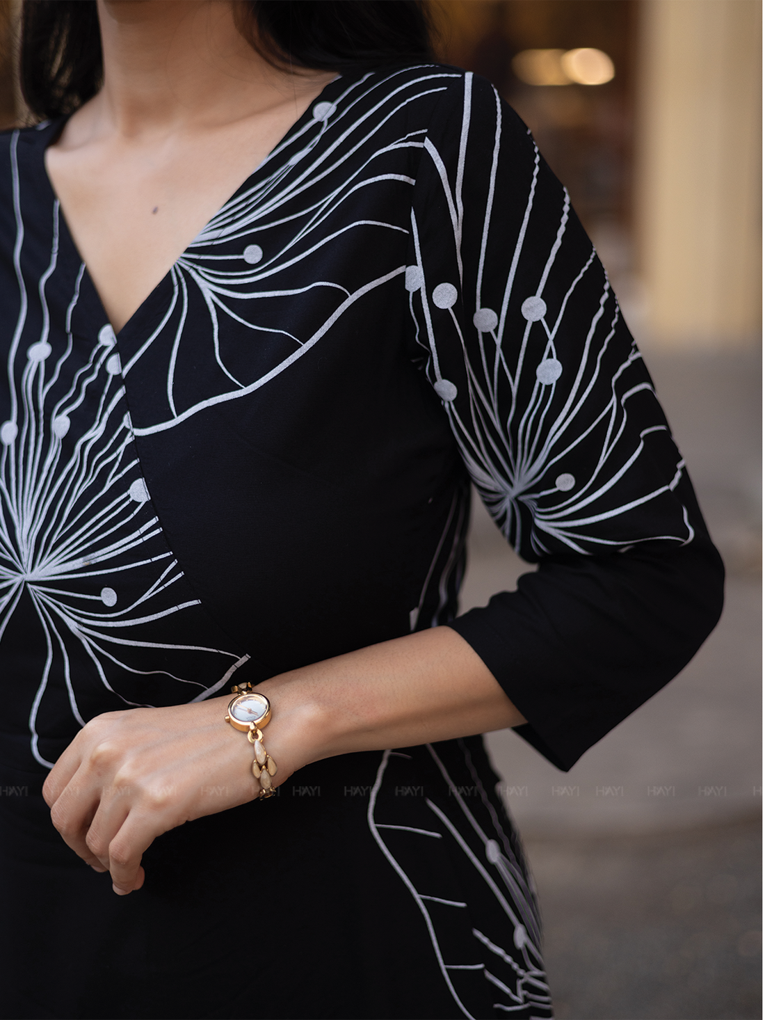 Ebony Blossom Black Viscose Dress with V-neck &amp; 3/4th Sleeves