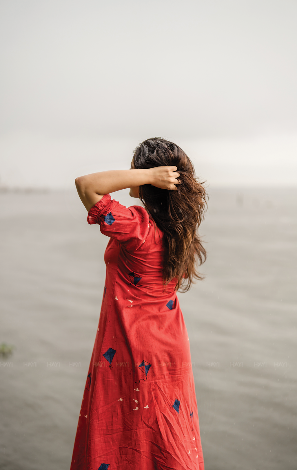 Kite Queen Red  A-line Cotton Flex Dress with V-Neck &amp; puff Sleeves