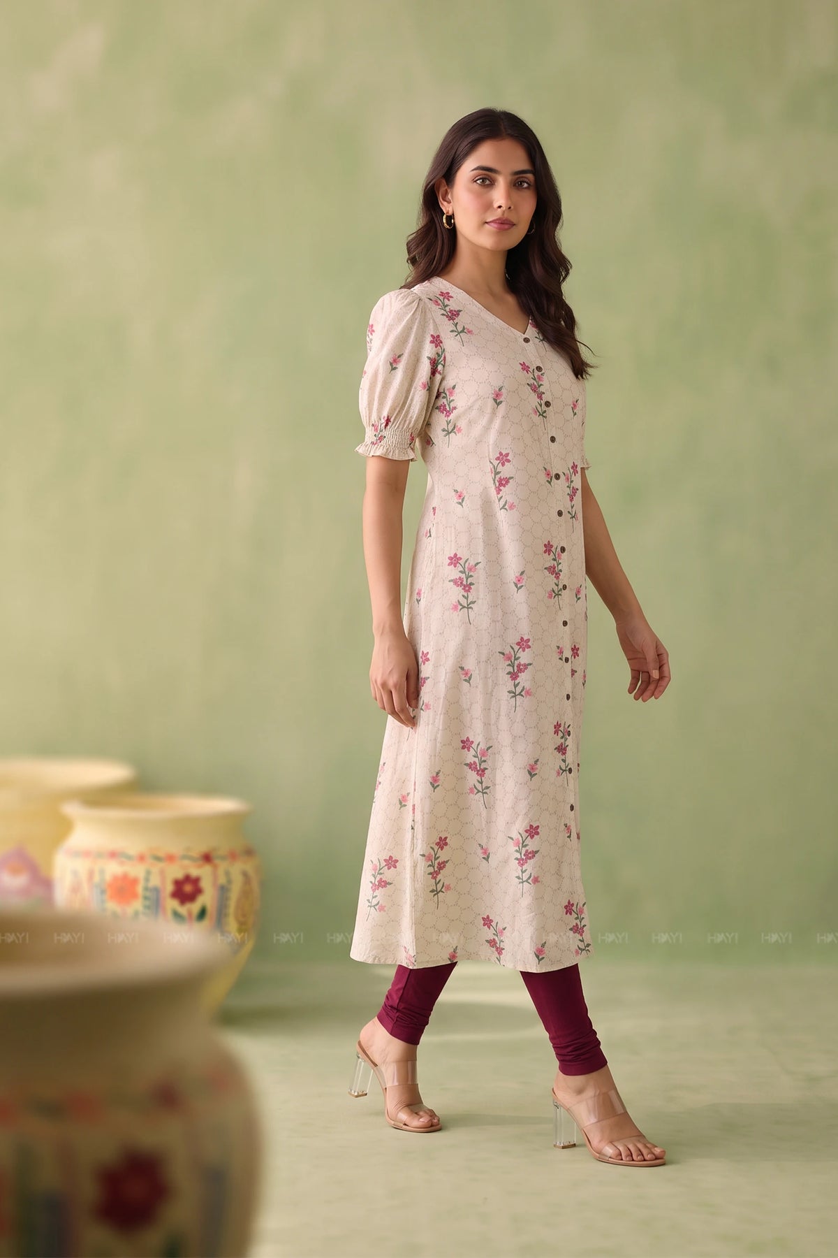 Little Flora Beige Floral Printed Viscose A-Line Kurta