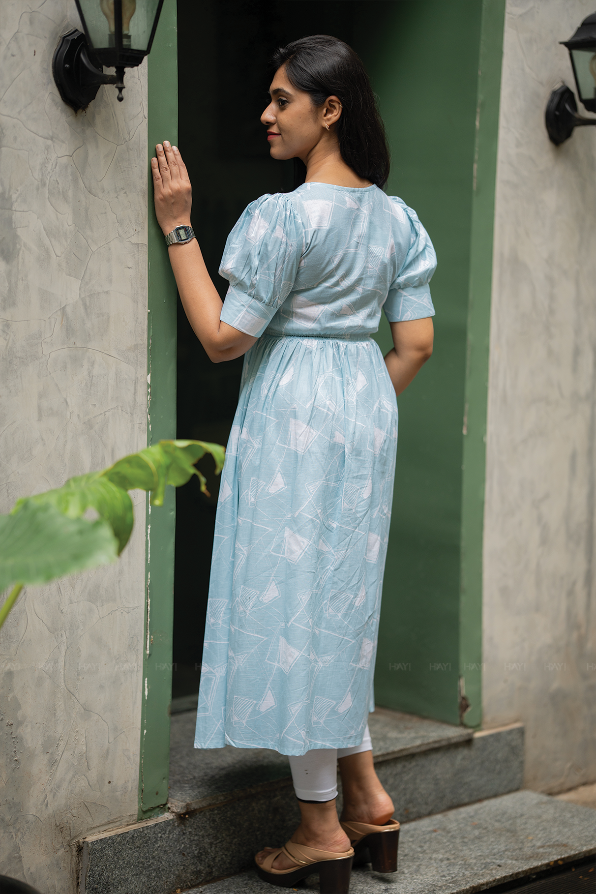 Petal Puff Blue Cotton Dress with Rounded Square Neck &amp; Puff Elbow Sleeves