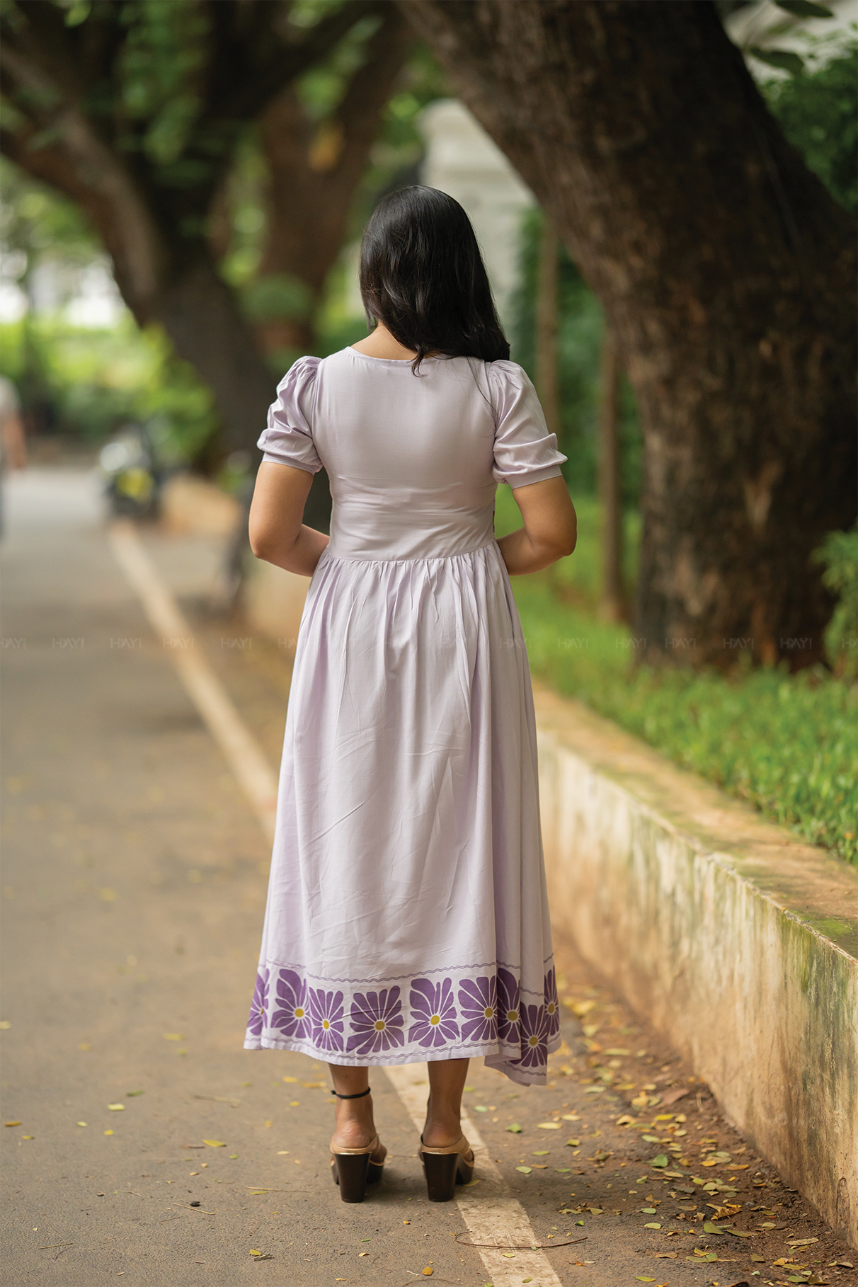 Floral Flow Lavender Viscose Dress with Square Neckline &amp; Puff Sleeves