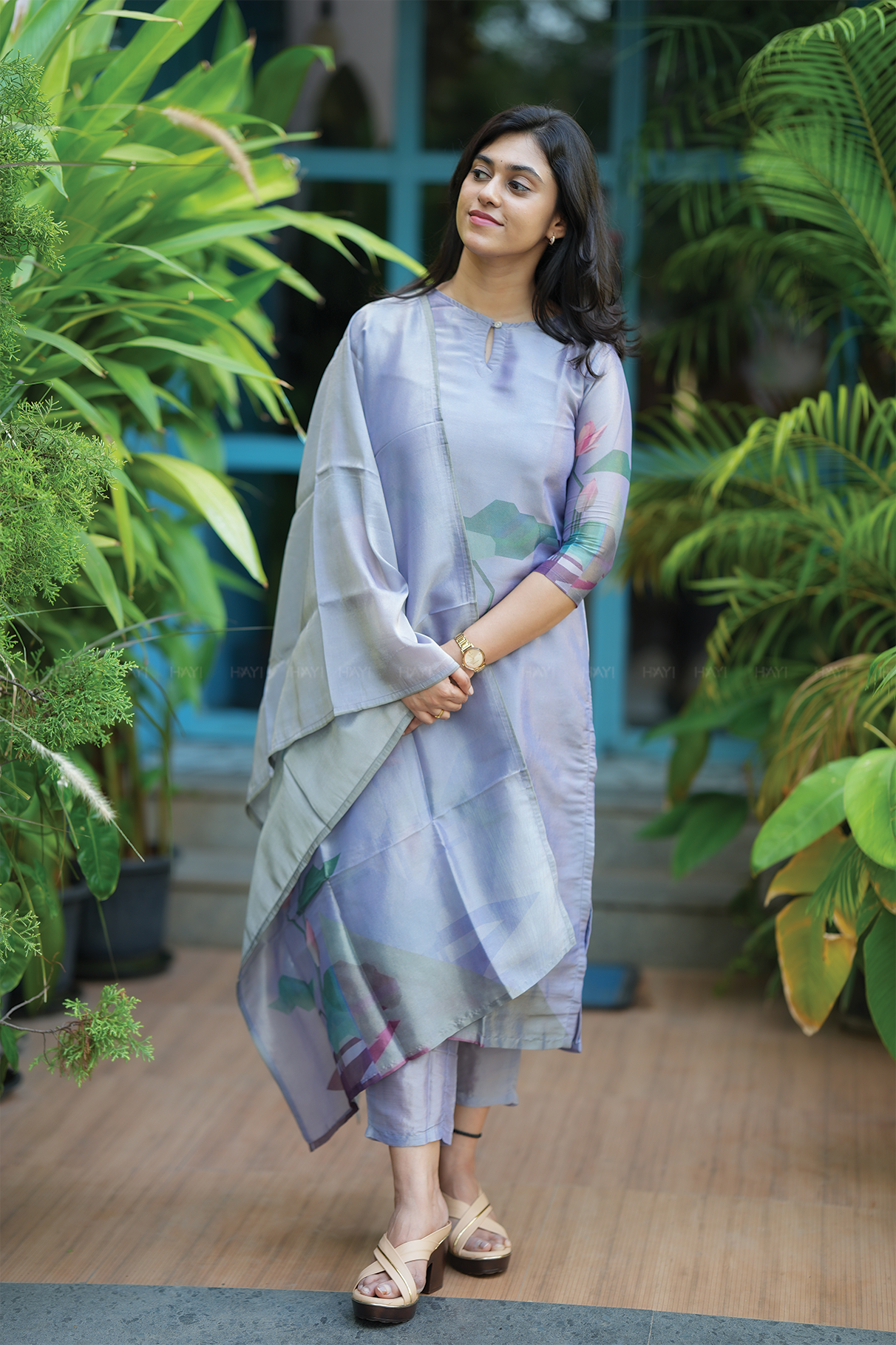Fete Lavender with Lotus Alchemy printed Tissue Blend Kurta