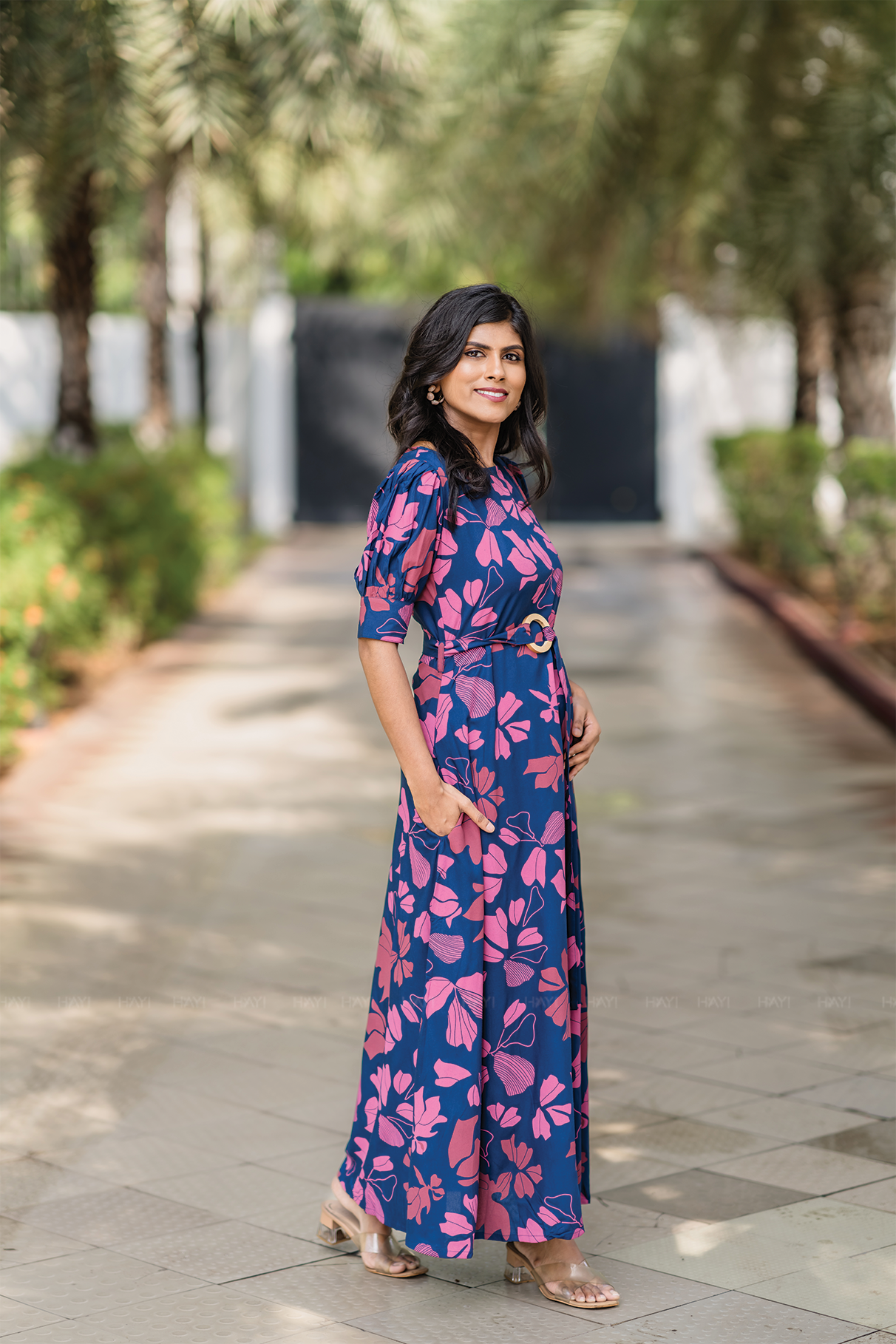 Berry Noir Blue Viscose Dress with Puff Sleeves &amp; Belt