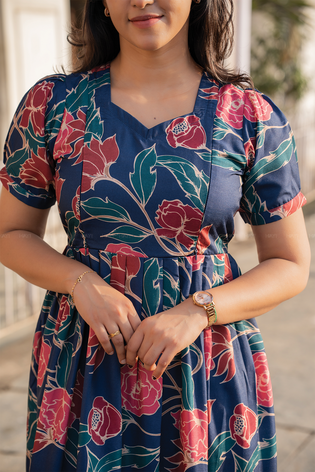 Petalia Blue floral printed Maternity and Feeding Cotton Blend Dress