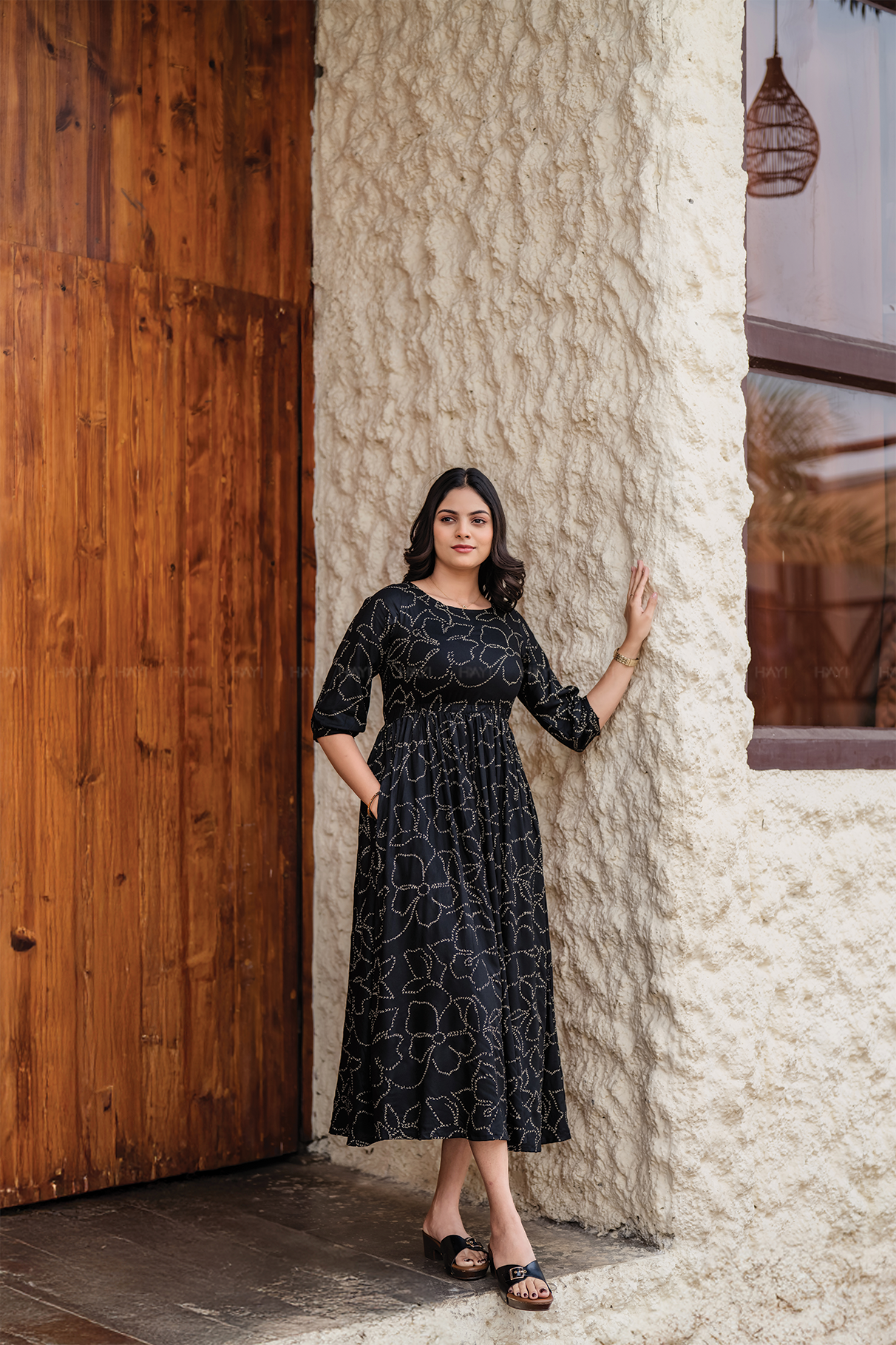 Dusklure Black Viscose Dress with Boat Neck &amp; 3/4th Sleeves