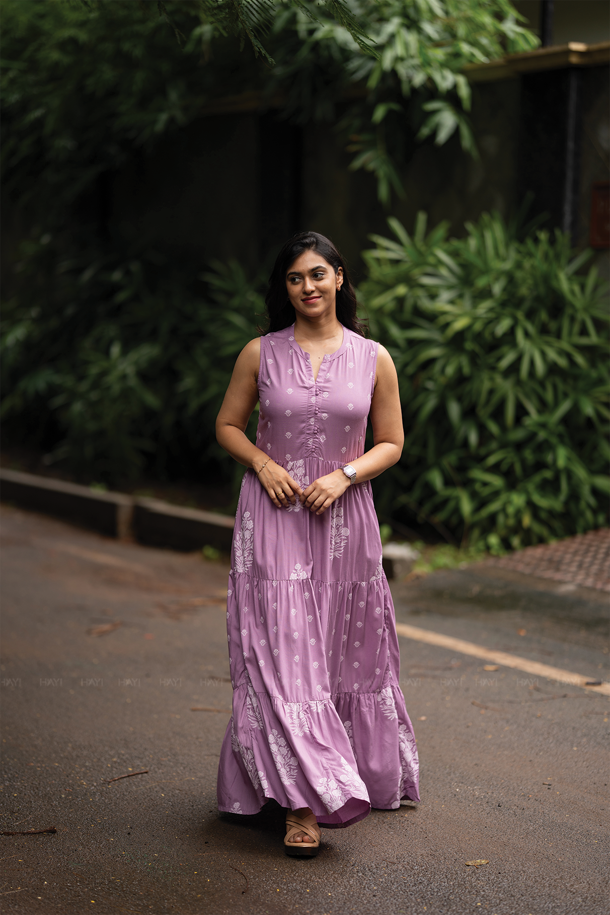 Wisteria Haze Lavender Viscose Dress with Chinese Collar &amp; V-Cut