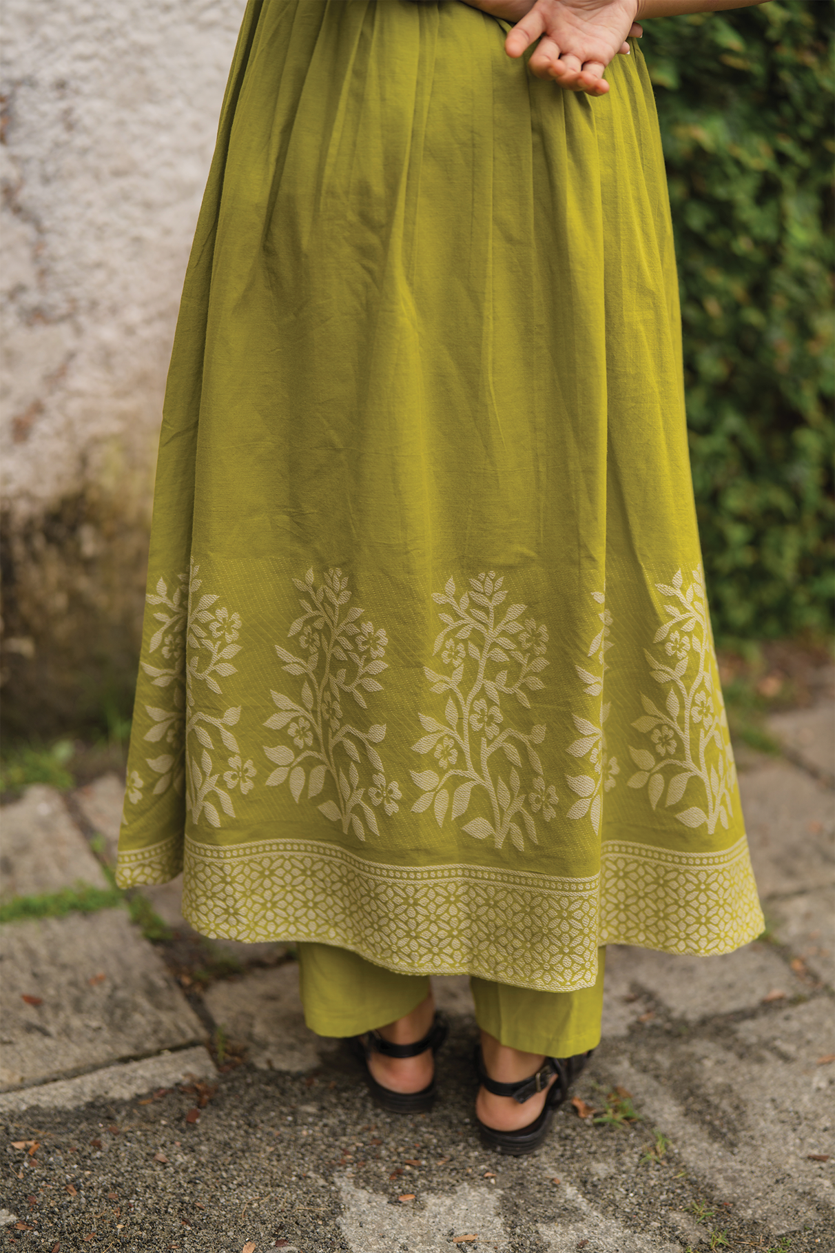 Sage Drape Green Handloom Dress with Sweetheart Neck &amp; Leg-O-Mutton Sleeves
