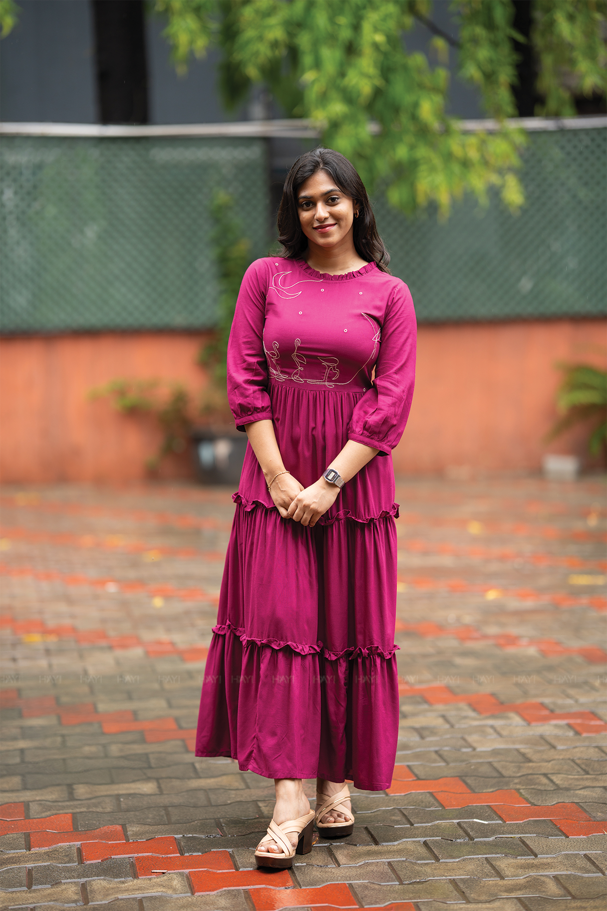 Moonlit Swans Violet Viscose Dress with Frill Neck &amp; Embroidered Yoke