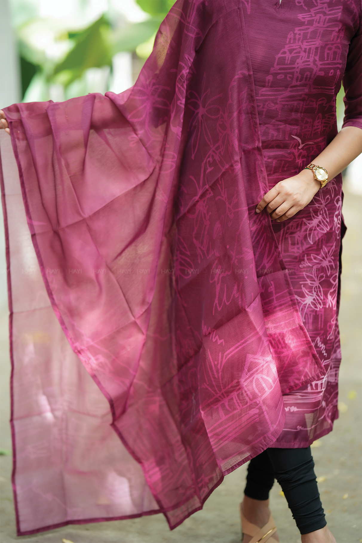 Gleam Wine with Live in Divine printed Chanderi Blend Kurta