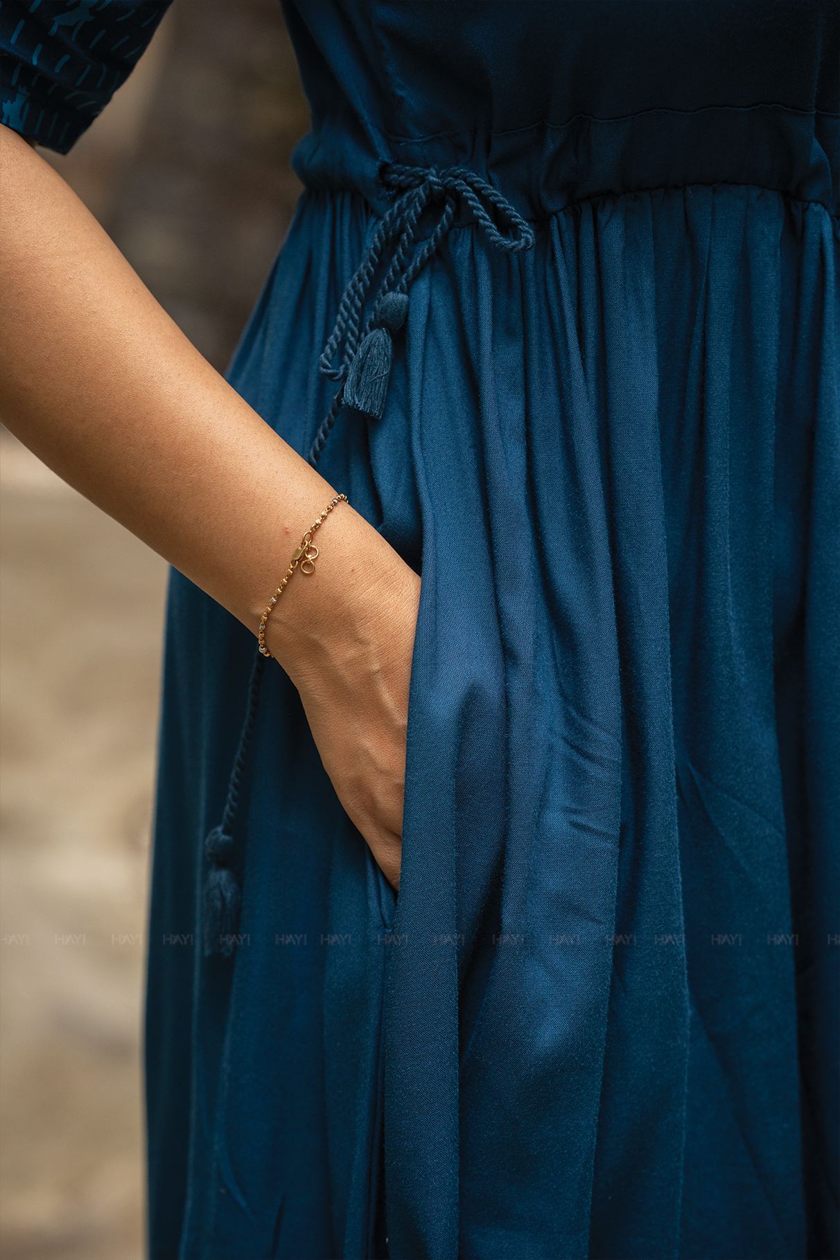 Blue Dessert Blue Viscose Dress with Round Neck &amp; Placement Detail