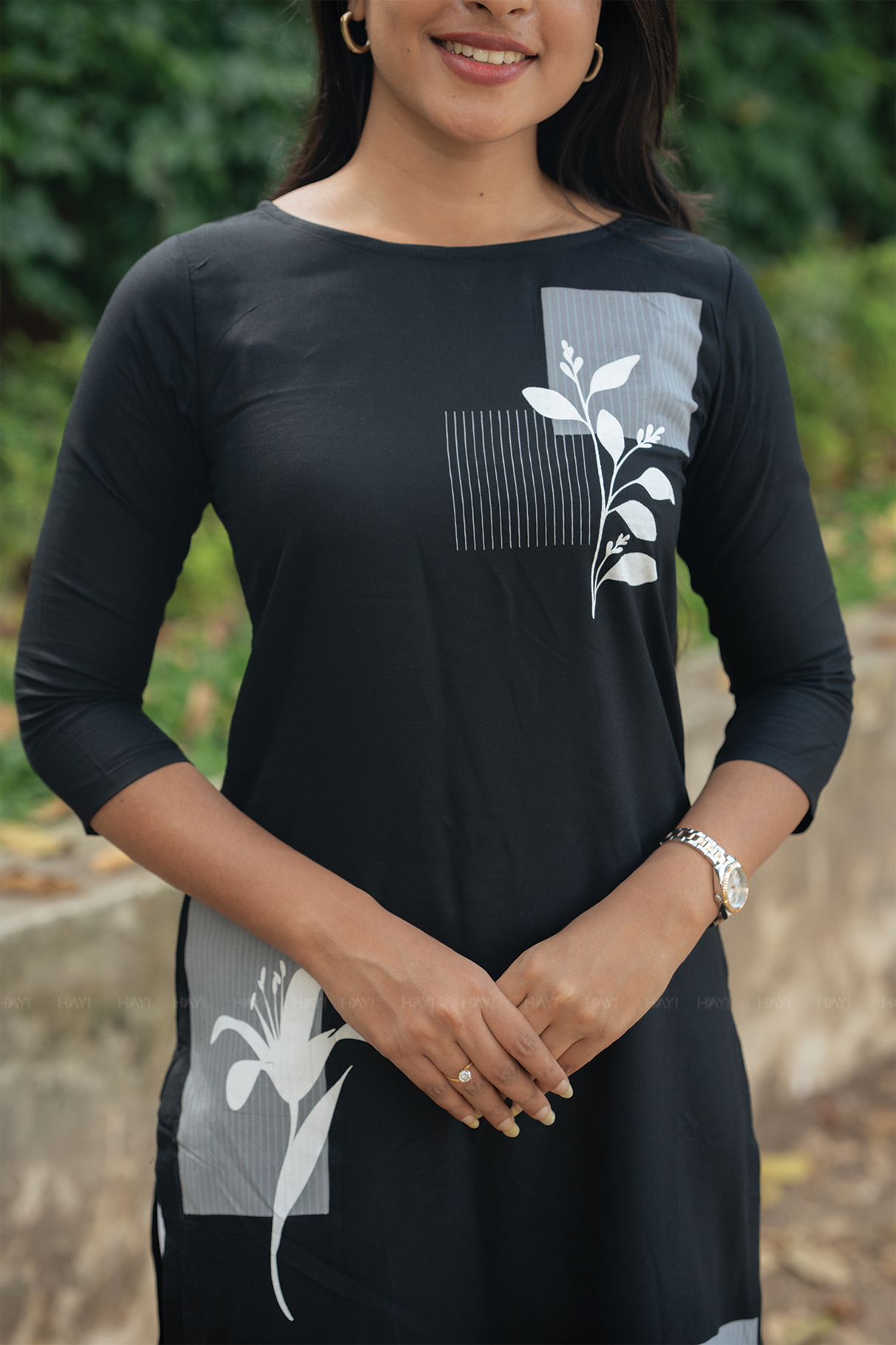 Obsidian Bloom Black Viscose Kurta with Boat Neck &amp; 3/4 Sleeves