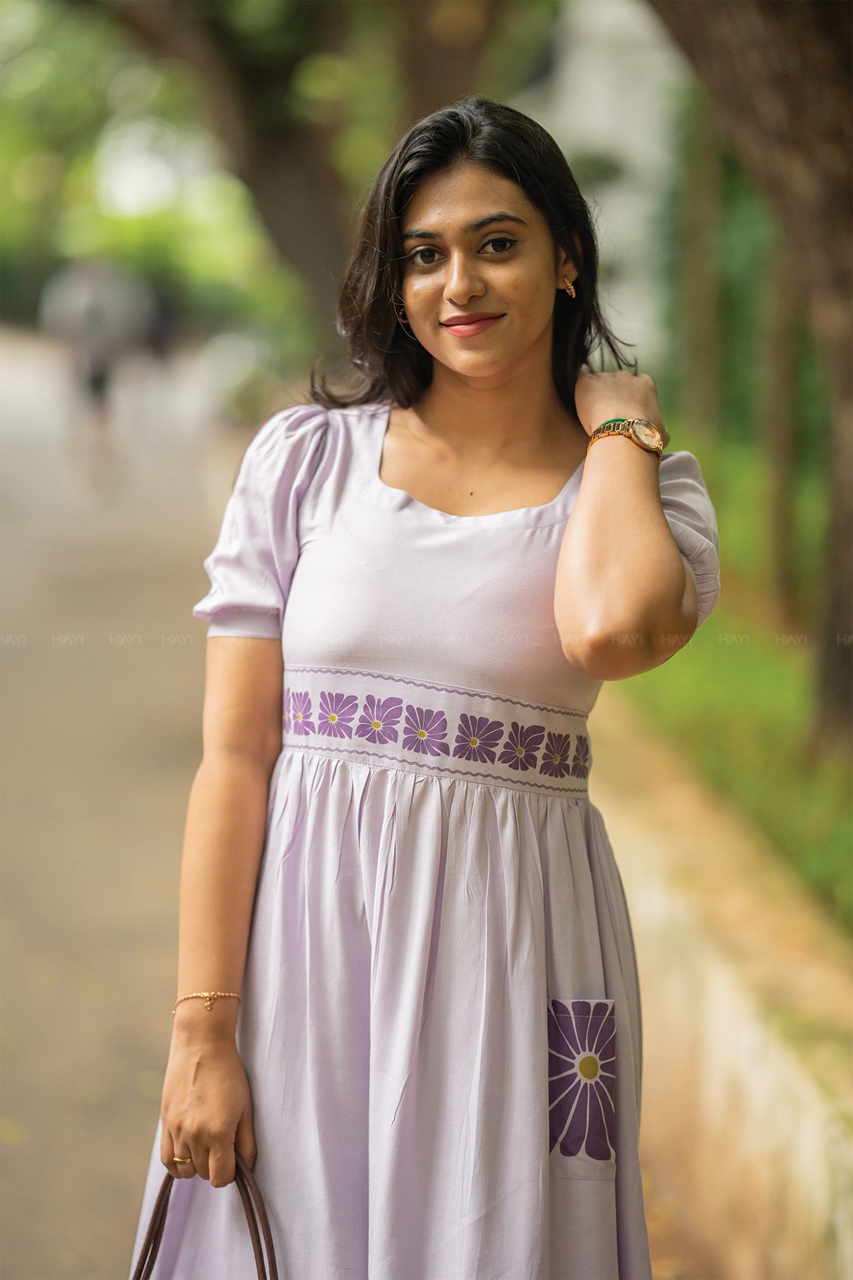 Floral Flow Lavender Viscose Dress with Square Neckline &amp; Puff Sleeves