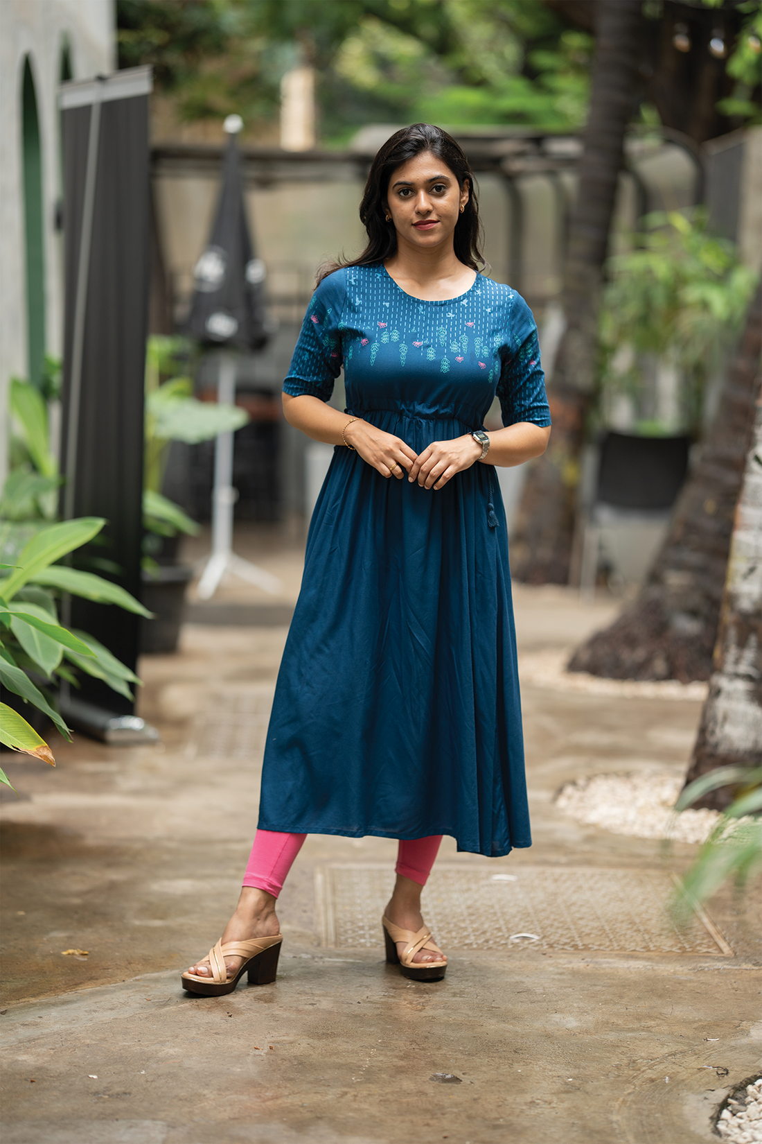 Blue Dessert Blue Viscose Dress with Round Neck &amp; Placement Detail