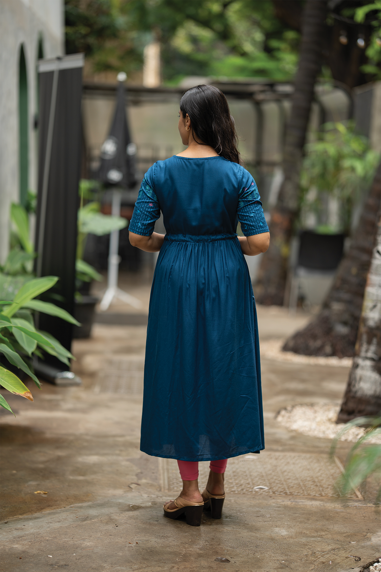 Blue Dessert Blue Viscose Dress with Round Neck &amp; Placement Detail
