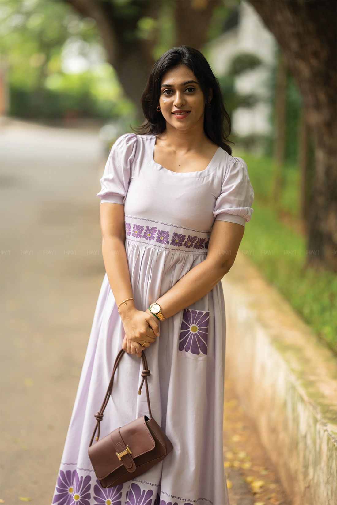 Floral Flow Lavender Viscose Dress with Square Neckline &amp; Puff Sleeves