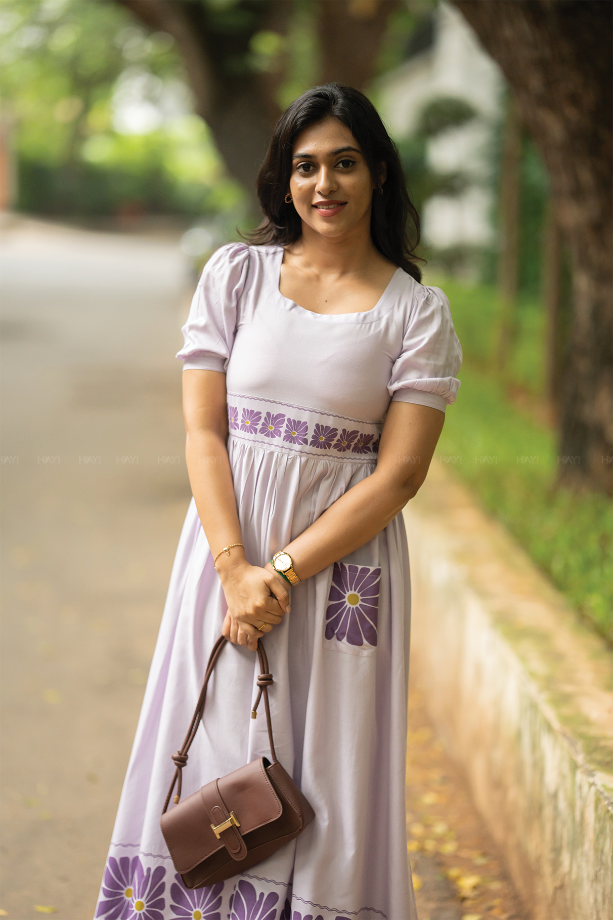 Floral Flow Lavender Viscose Dress with Square Neckline &amp; Puff Sleeves