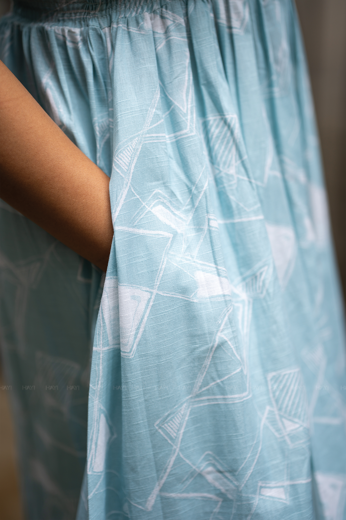 Petal Puff Blue Cotton Dress with Rounded Square Neck &amp; Puff Elbow Sleeves