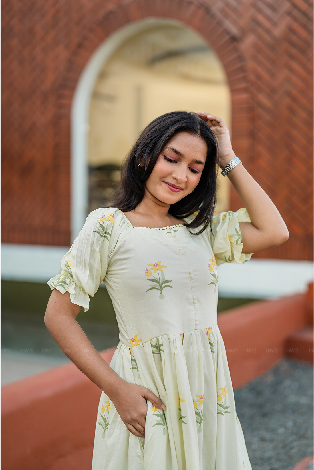 Florabelle Green Viscose Dress with Shoulder Elastic &amp; Frill Sleeves