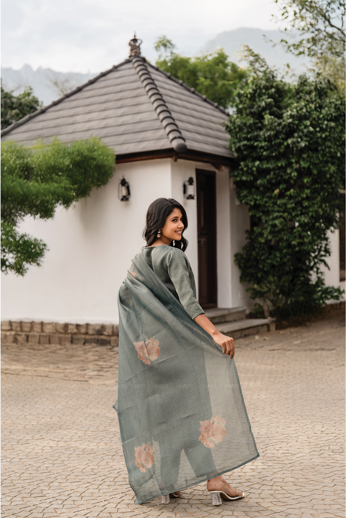 Green Mist 3 Piece Crush Silk Blend Floral Hand-Embroidered Kurta with Pant &amp; Dupatta