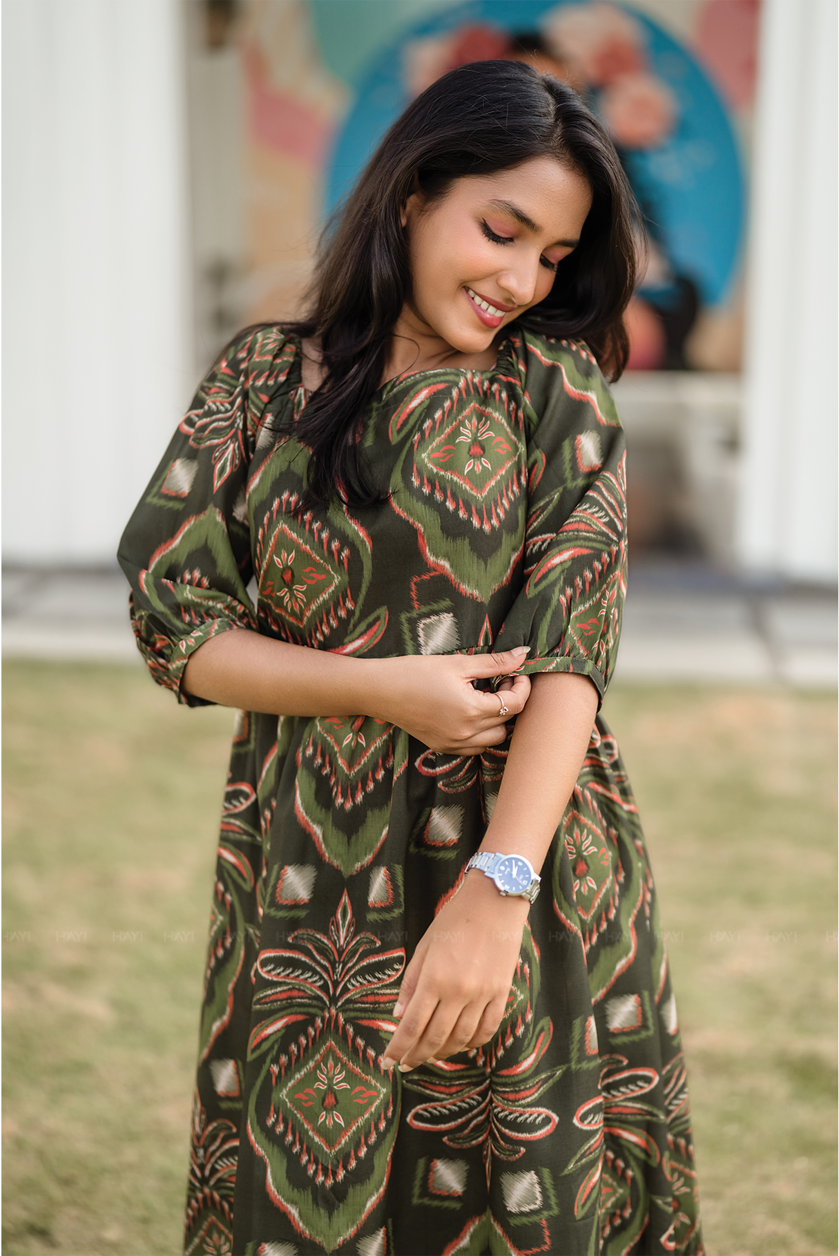 Burnished Green with Forest Desire floral printed Linen Blend Dress