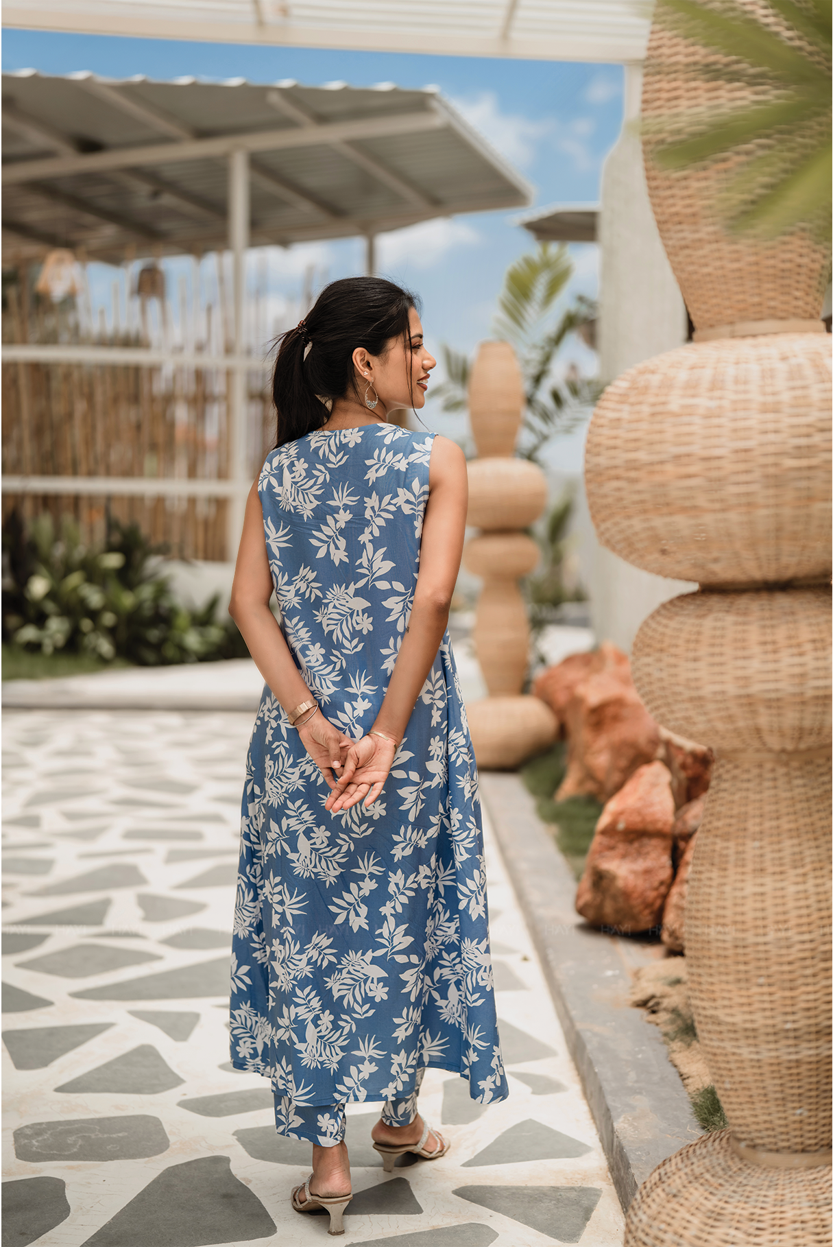 Wisp Botanica Blue cotton blend Co-ord with V-Neck and Attached 3/4th Sleeves