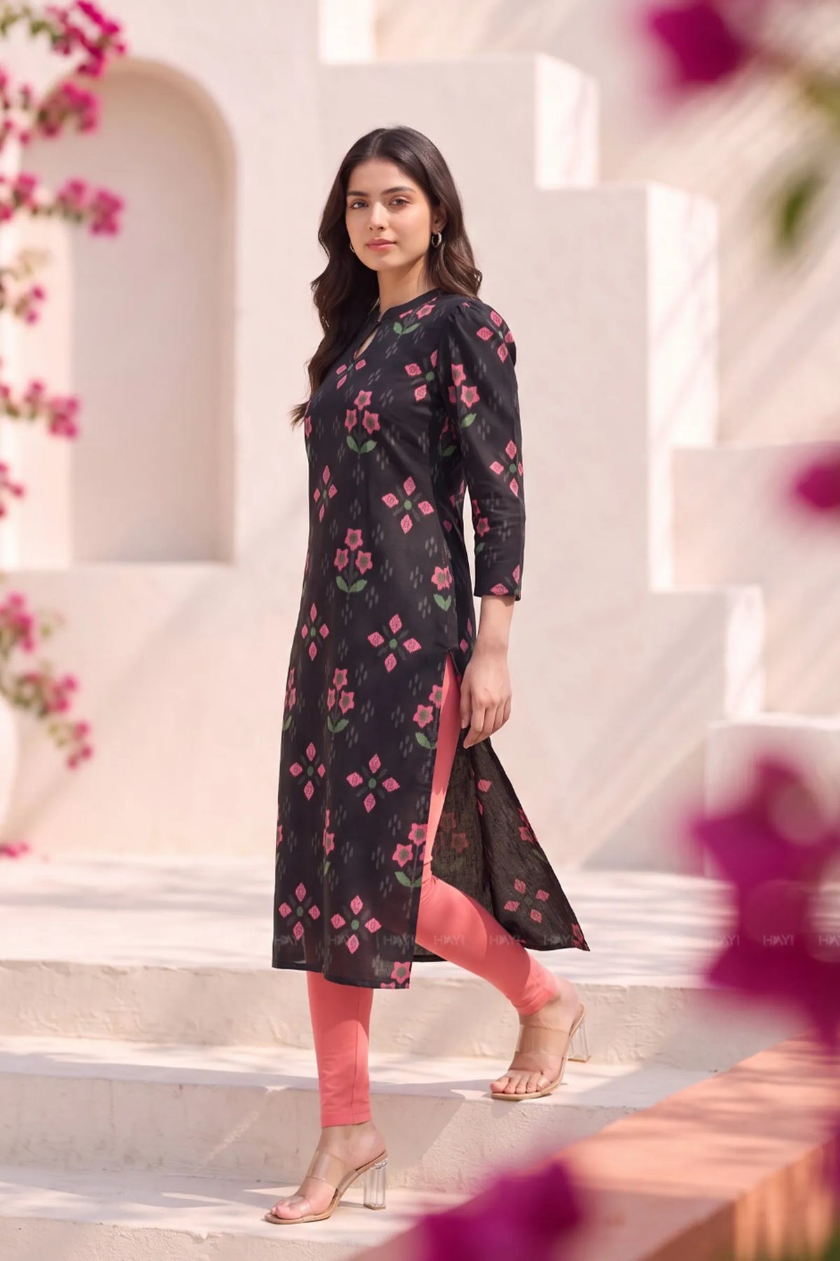 Charcoal Flora Black Printed Viscose Kurta