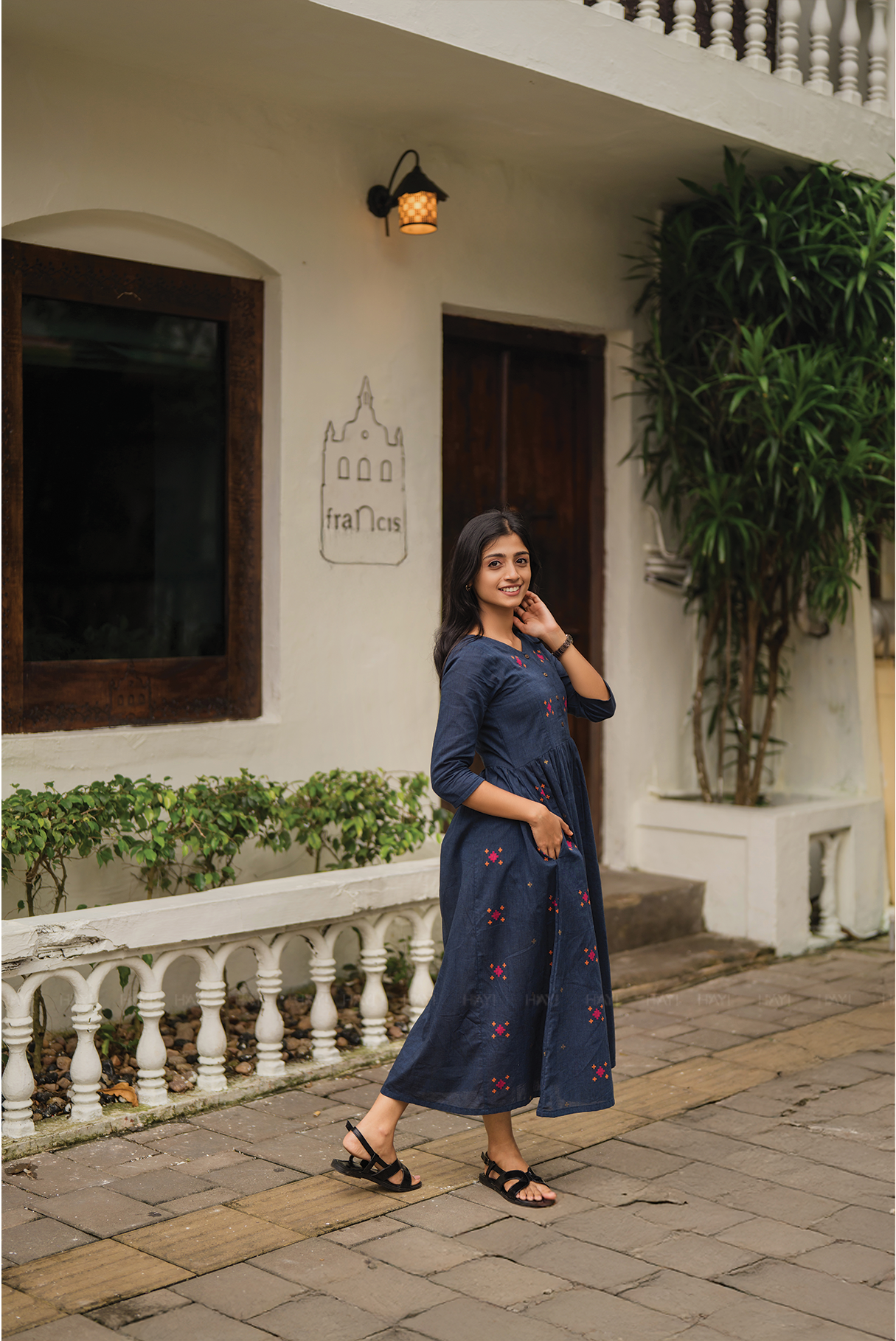 Smoke wood Gray Handloom Dress with V-Neck &amp; Elbow Sleeves