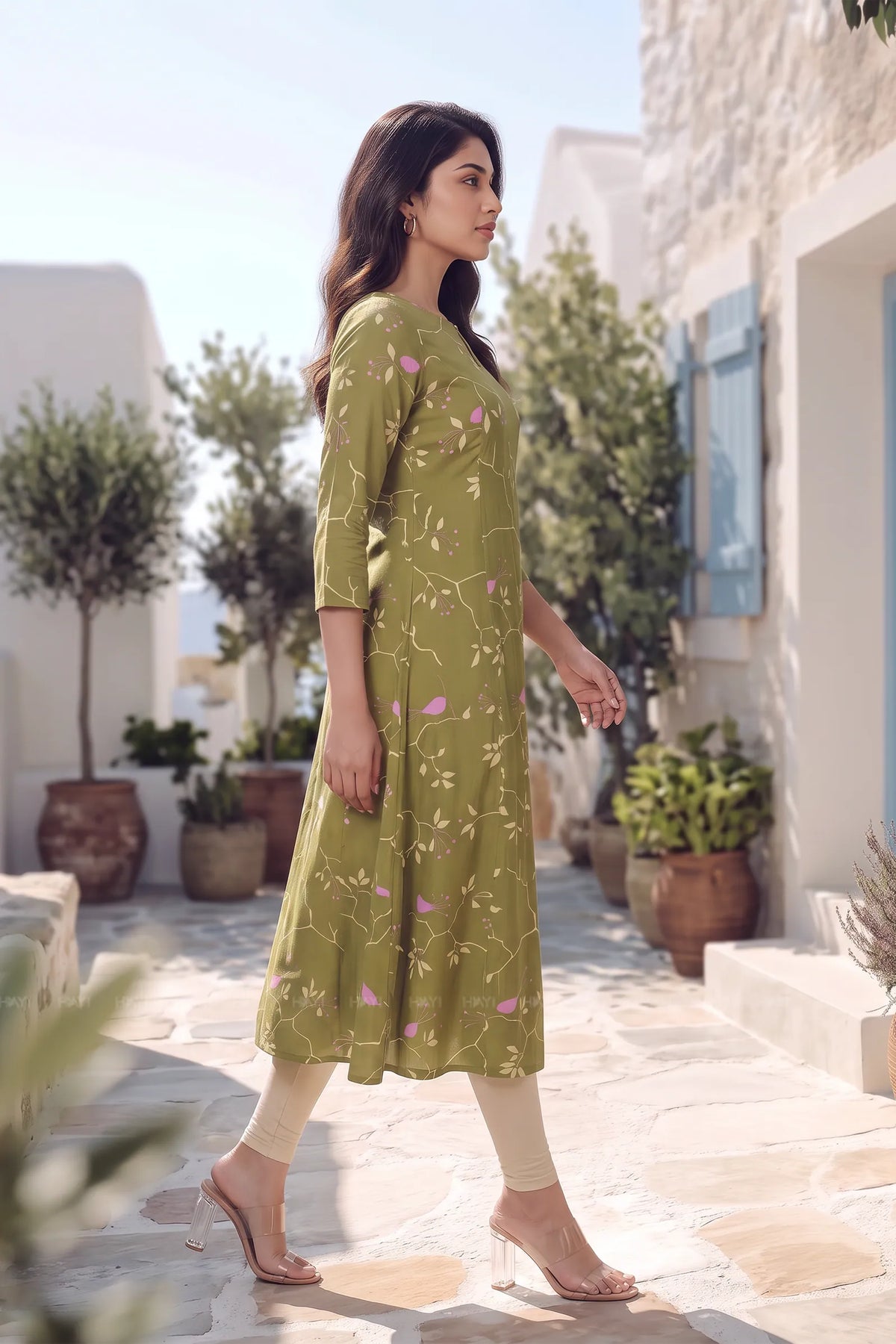 Sparrow Bloom Green Floral Printed Viscose A-Line Kurta for Women