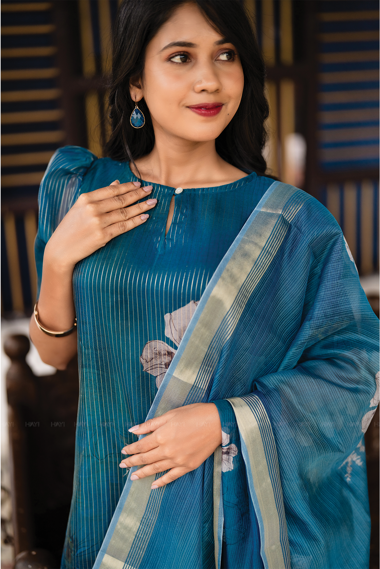 Lagoon Petals 3 Piece Peacock Blue Organza Printed Kurta with Pant &amp; Dupatta