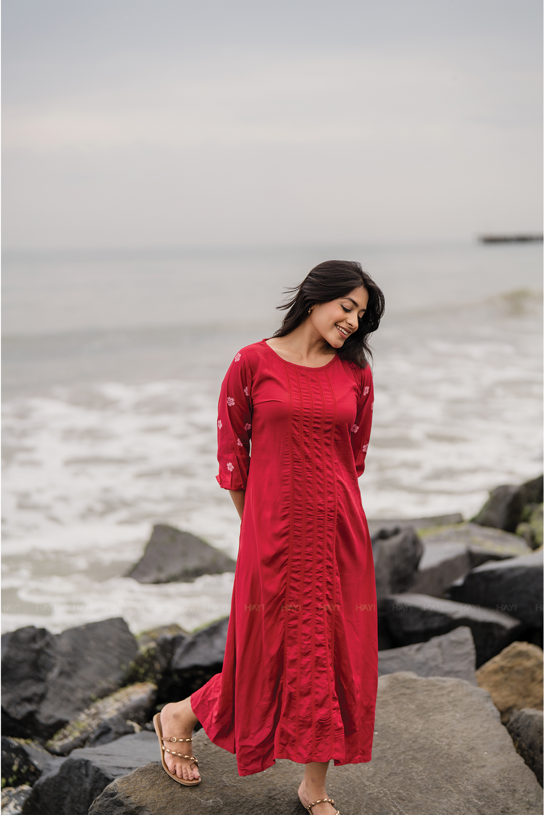 Lava Red with Lacey Daisy printed Viscose A-line Dress