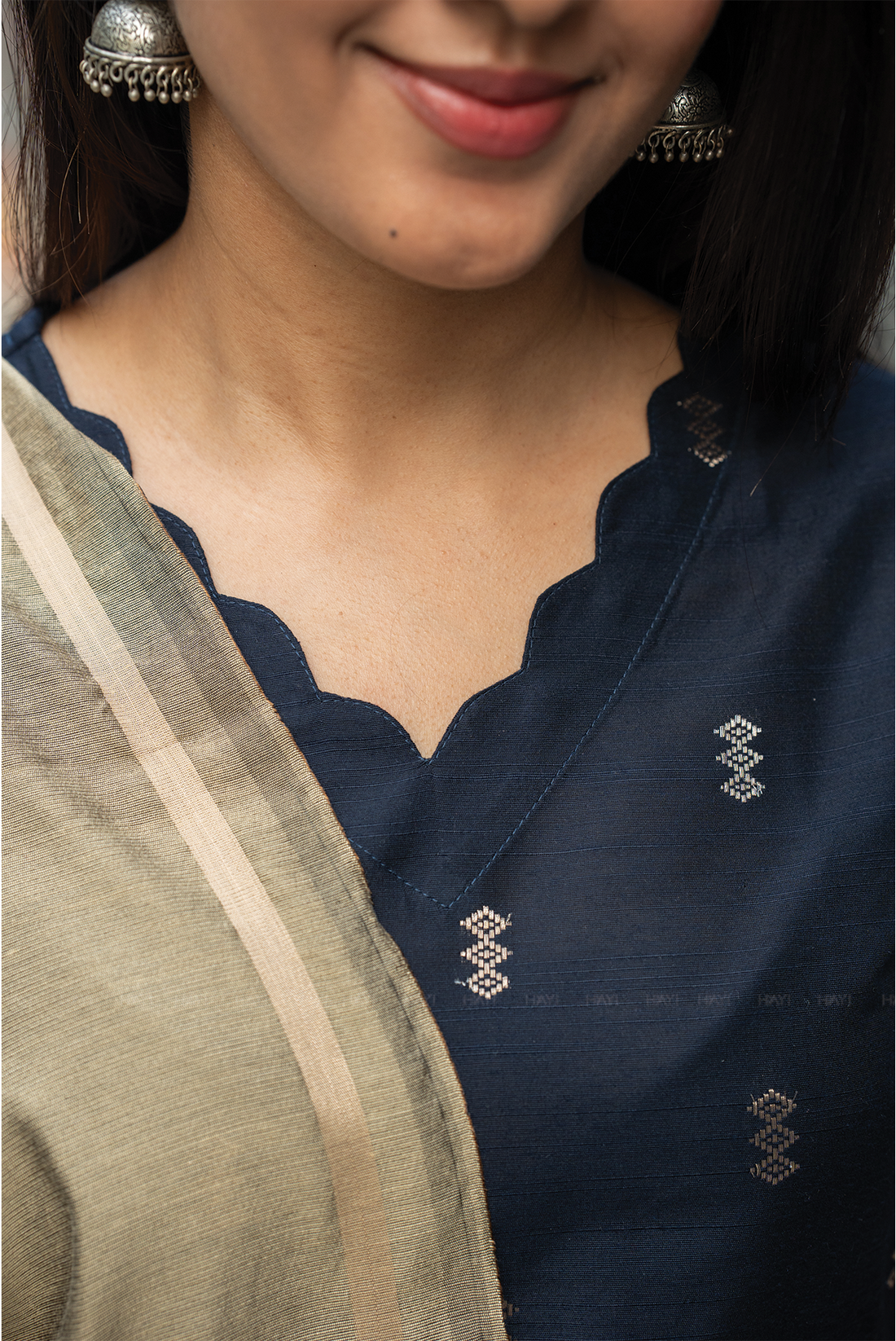 Neelika Navy 3 Piece Viscose Jacquard Weave Kurta with Pant &amp; Dupatta