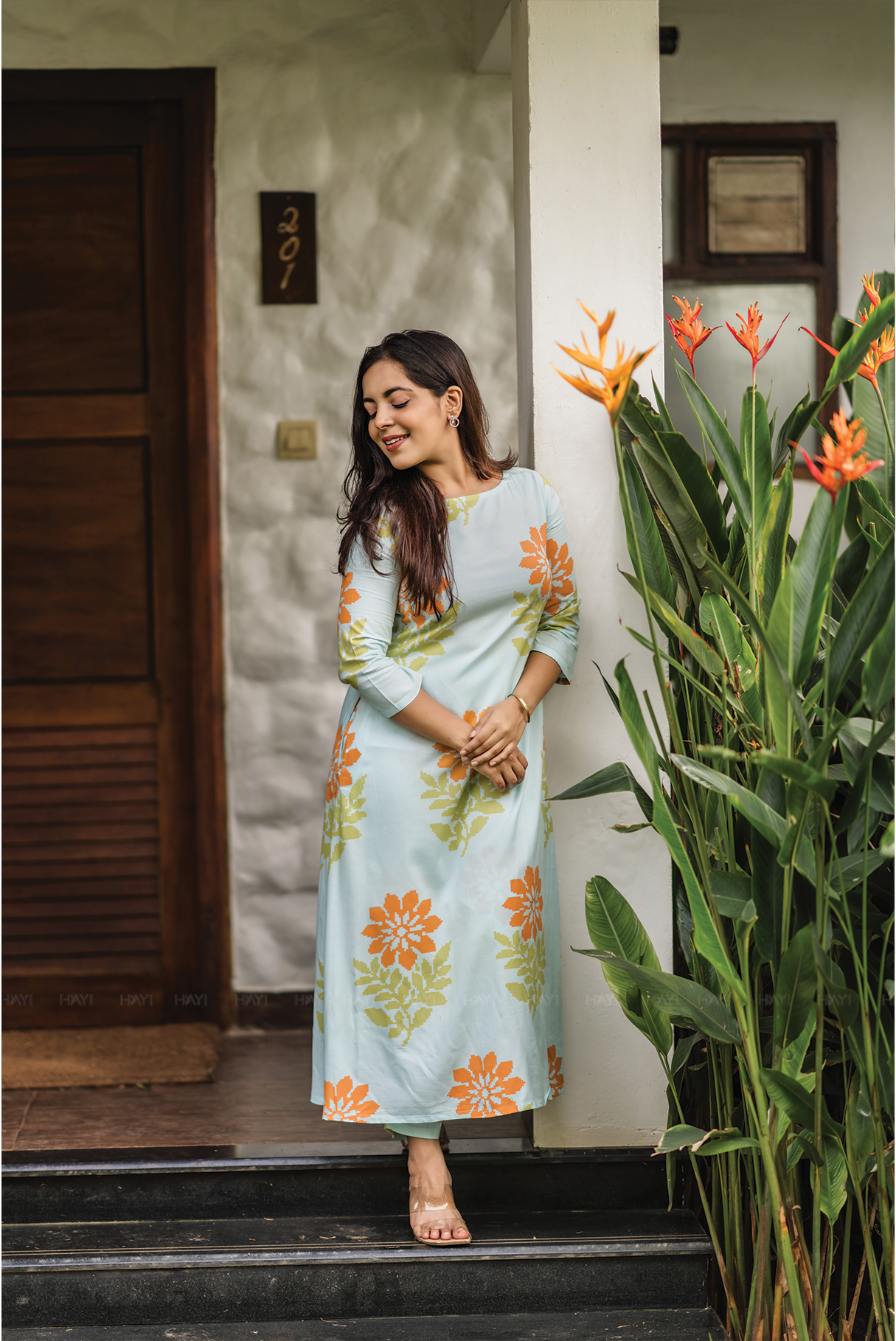 Aacral Blossom Blue Viscose Dress with Boat Neck &amp; Floral Print