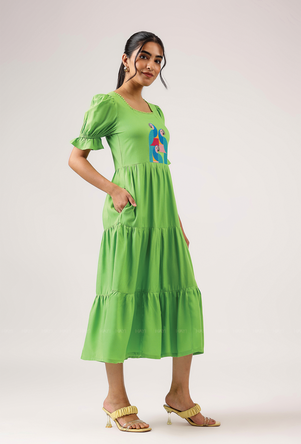 Hushed Green with Cubist Parrot embroidery Viscose Dress