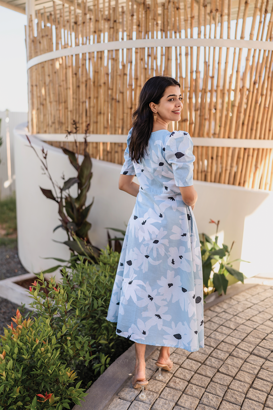 Fleur Blue Cotton Blend Dress with Rounded Square Neck &amp; Leg-O-Mutton Sleeves