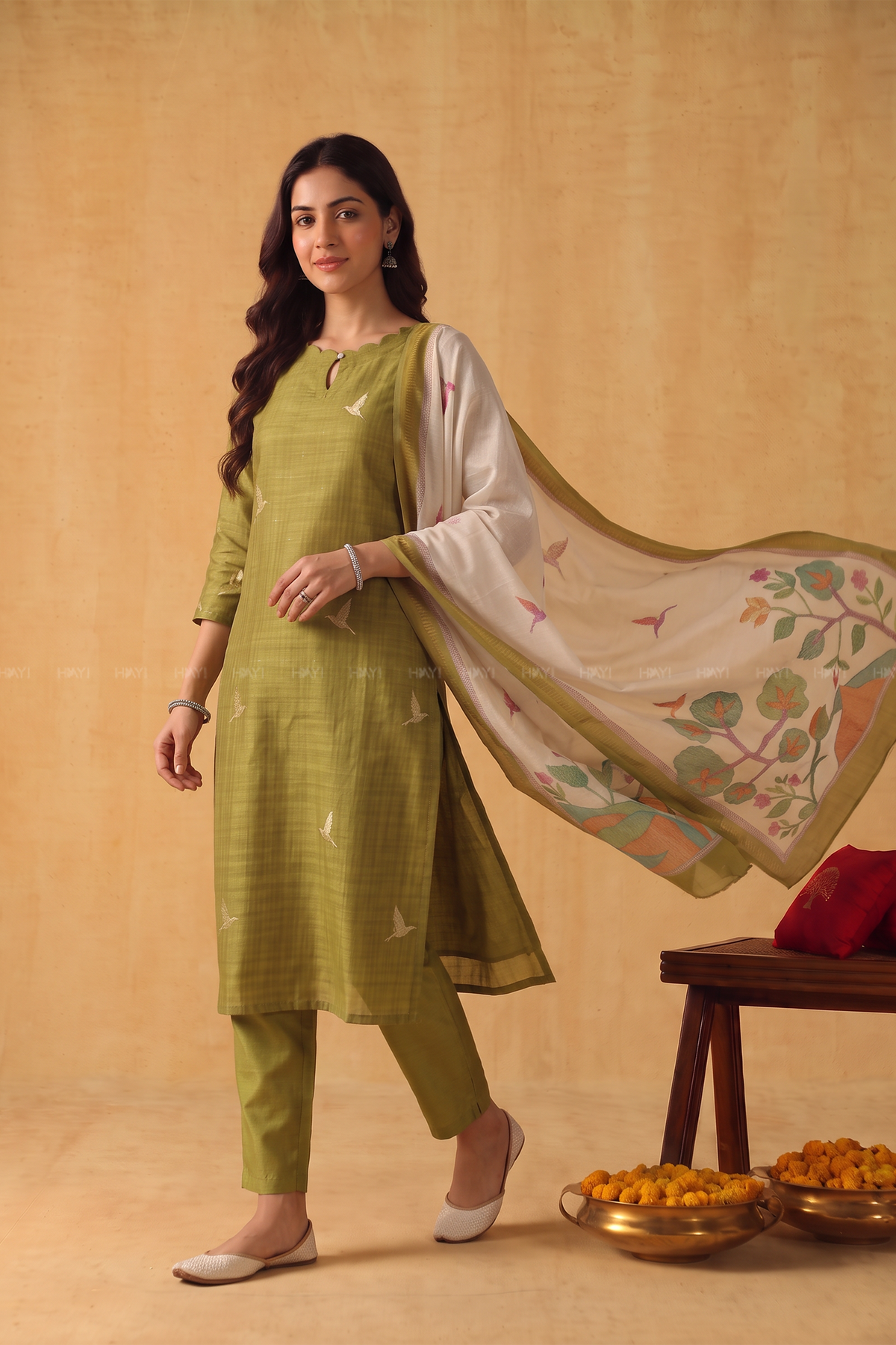 Lime Petals Green Tussar Silk Blend 3-Piece Printed Kurta Set