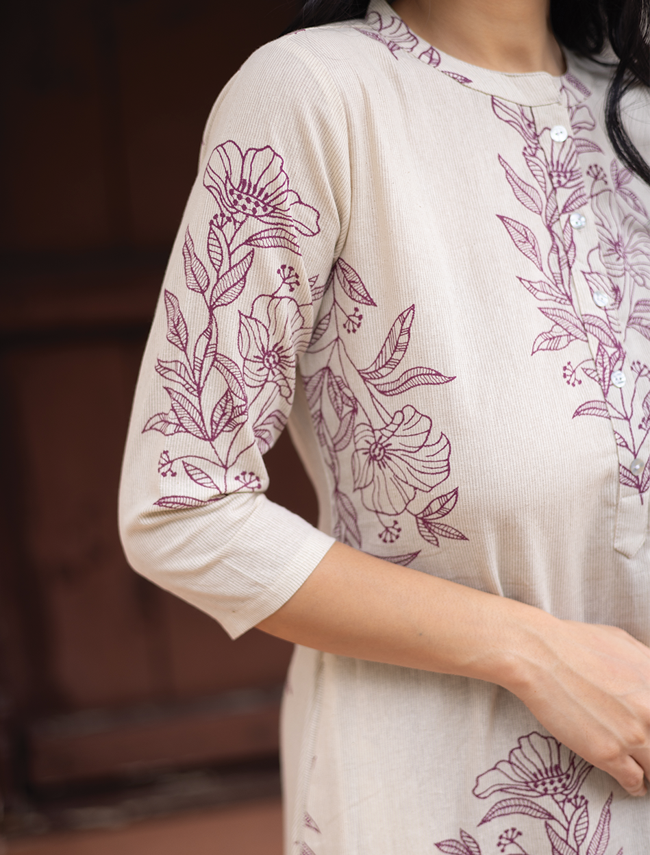 Lineleaf Tales White Cotton Flex A-line Dress with Chinese Collar &amp; 3/4th Sleeves