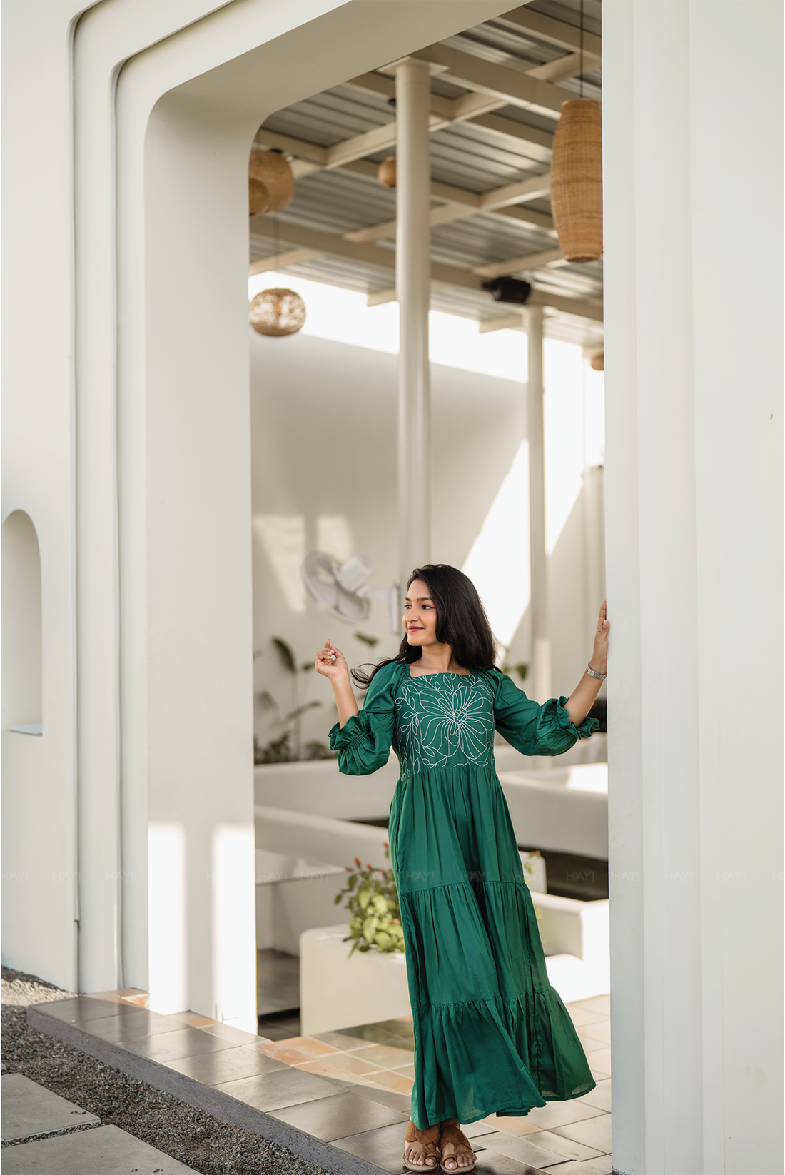 Green Floral Whimsy Green Viscose Dress with Shoulder Elastic &amp; Embroidery