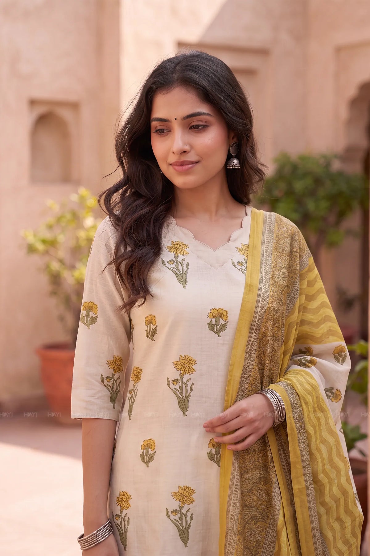 Marigold Meadow Beige Tussar Silk Blend Floral Printed 3-Piece Kurta Set