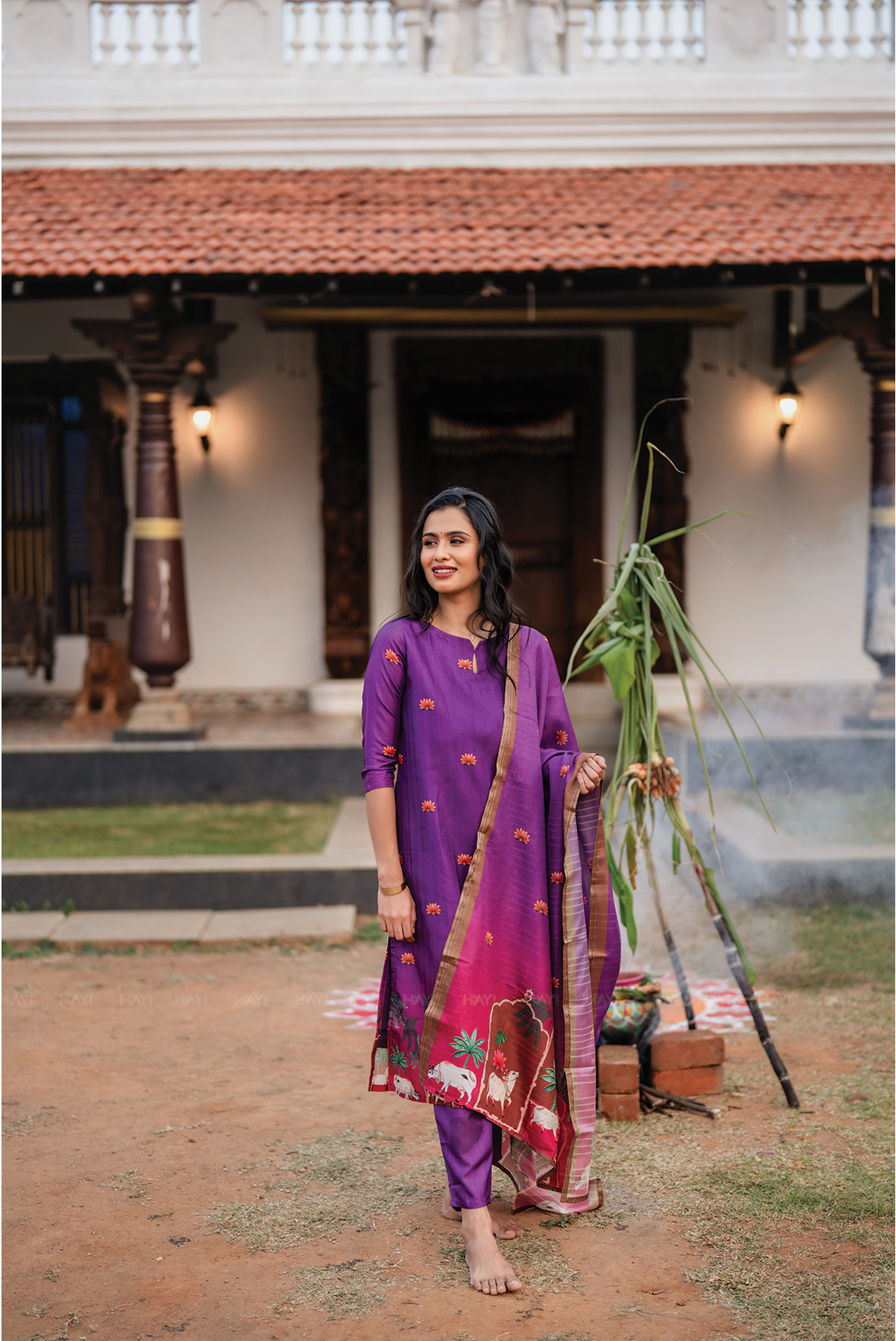 Ivanya Violet 3 Piece Tussar Silk Blend Printed Kurta with Pant &amp; Dupatta