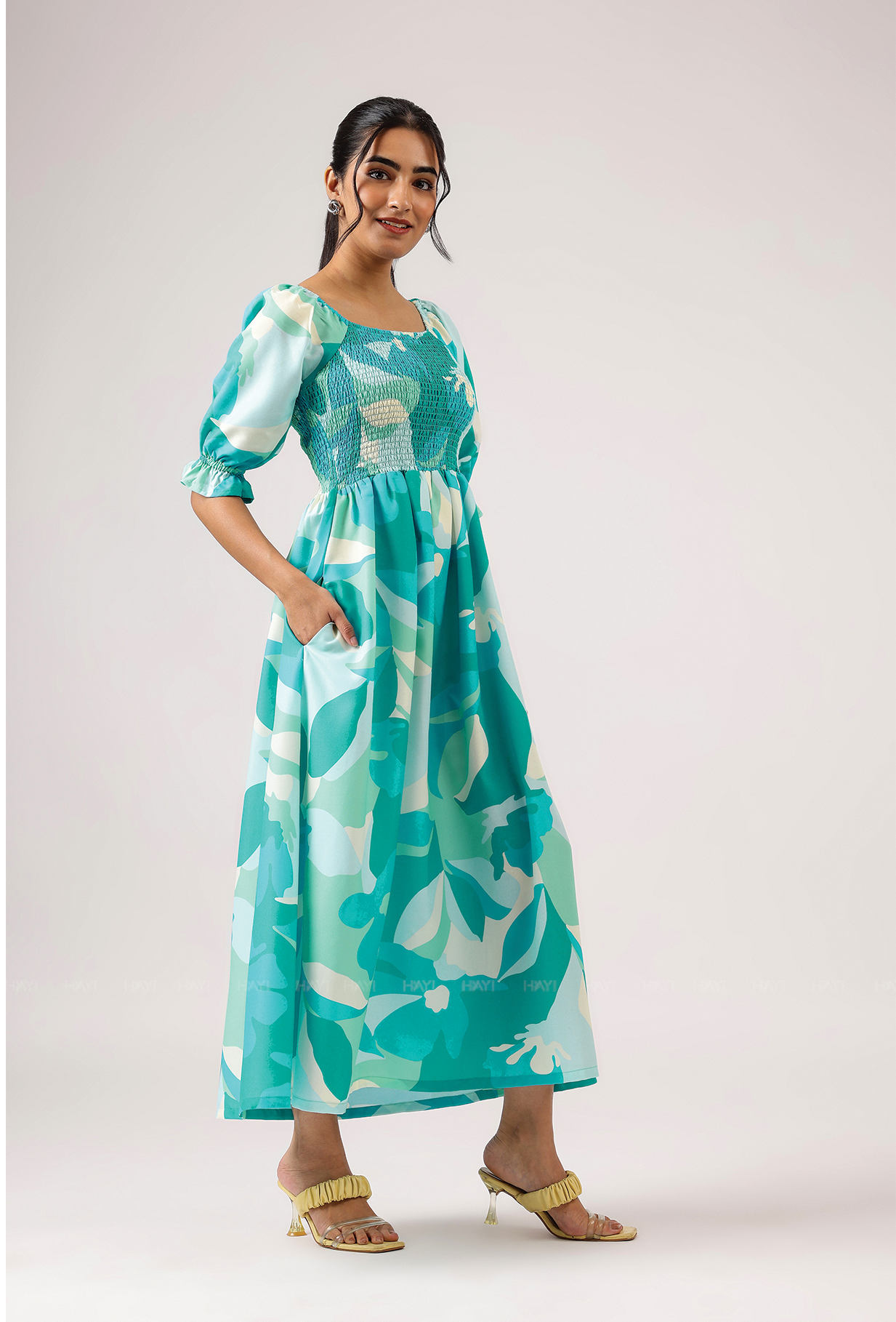 Whim Teal with Tide Kiss Smock Rayon Blend Dress