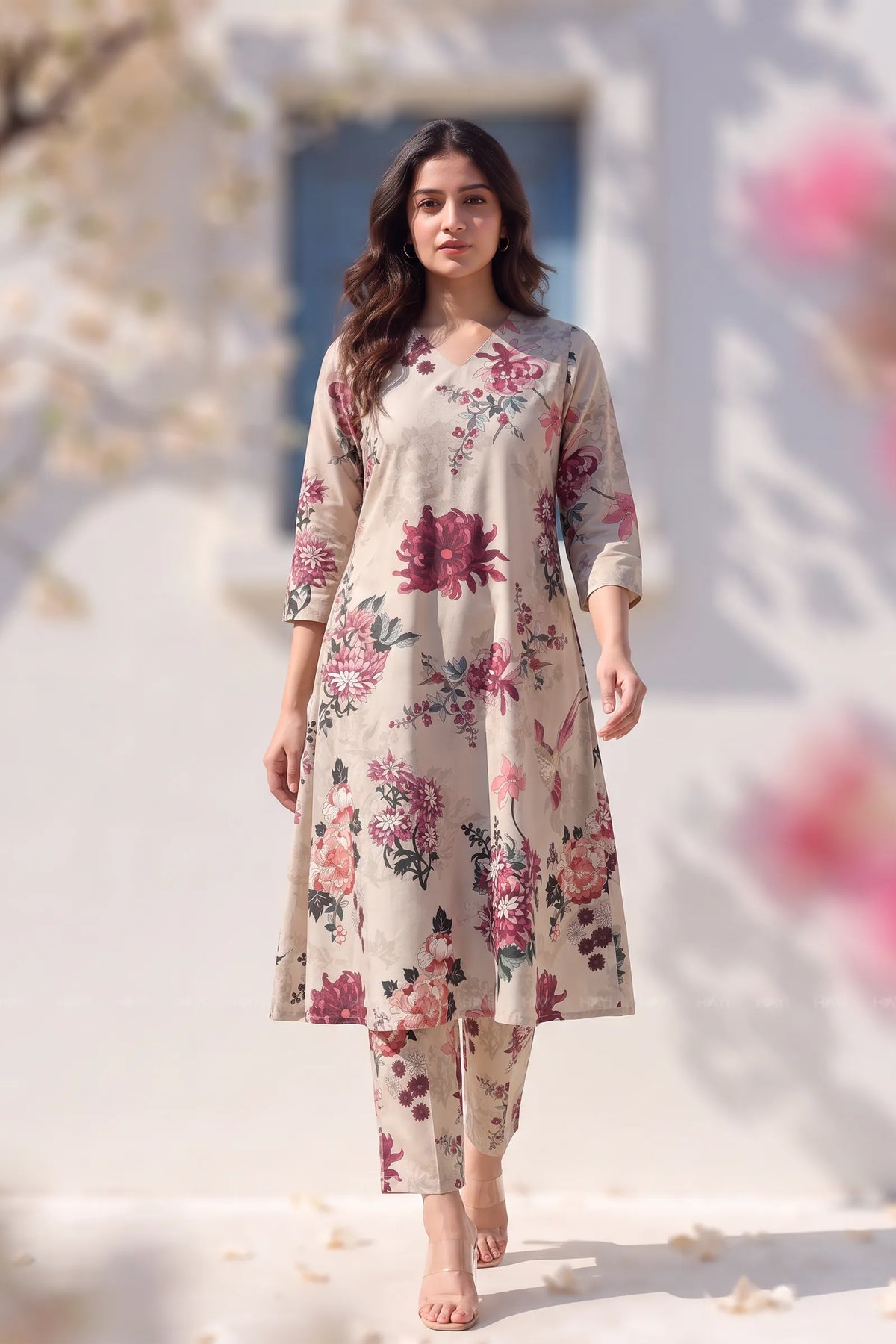 Winged Blossom White Silk Blend Printed Co-ord Set