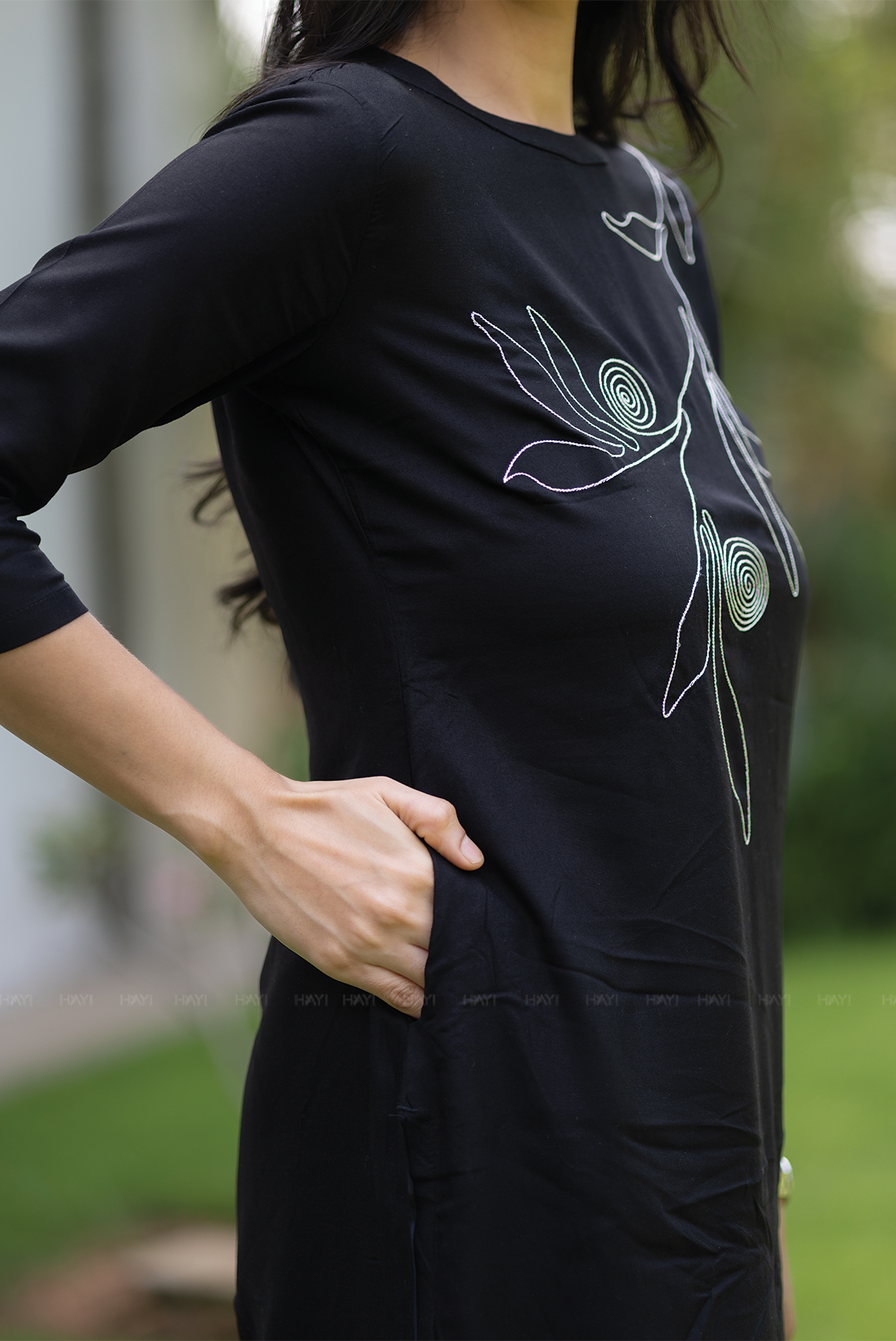 Dusk Noir Black Viscose Kurti with Closed Neck &amp; 3/4th Sleeves