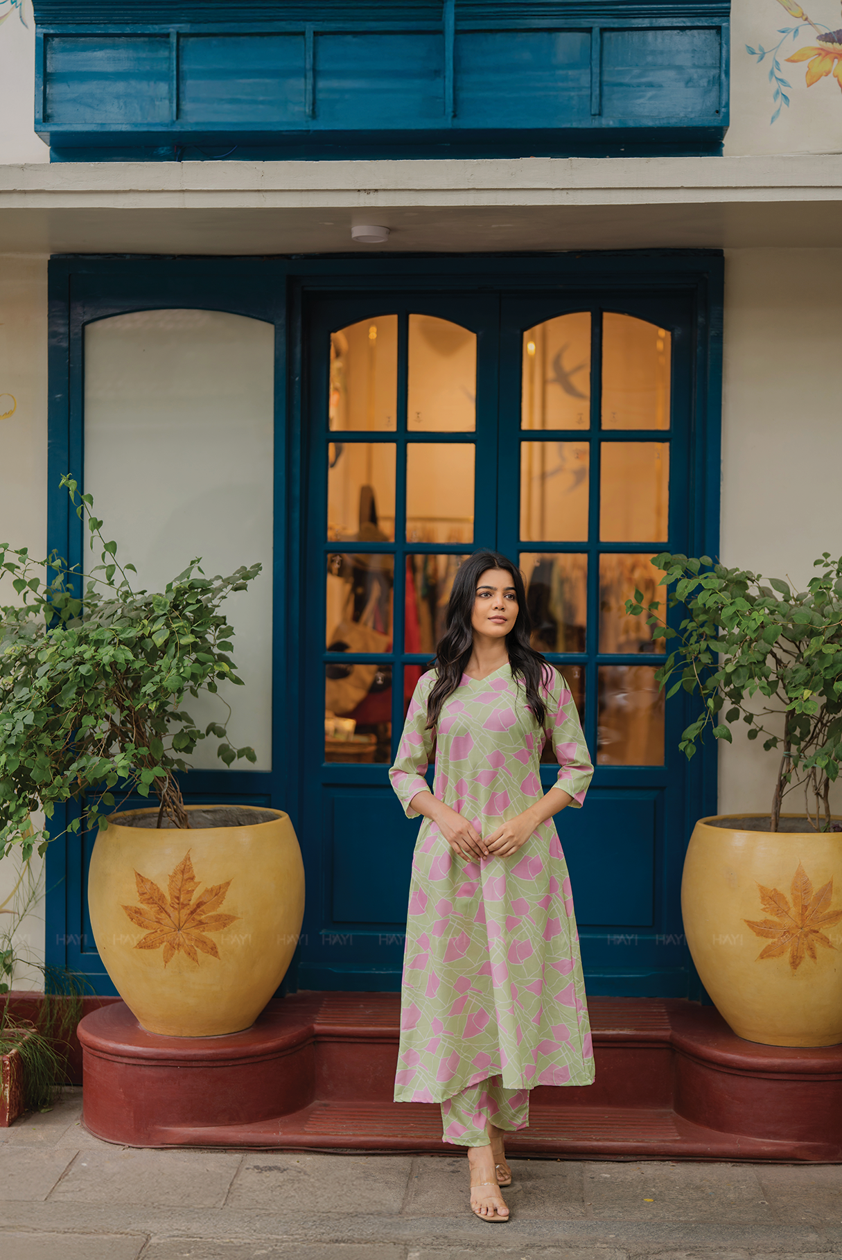 Fanci Green with Tangled Blush printed Linen Blend Co Ords