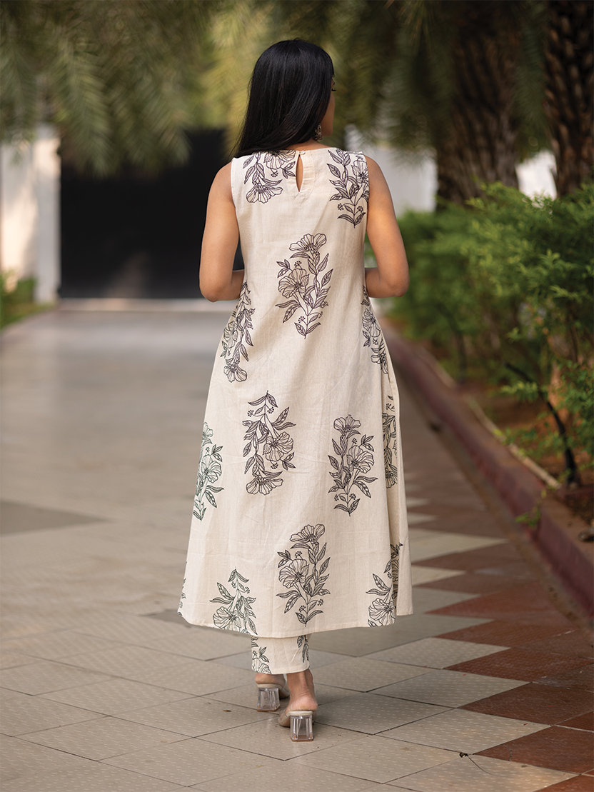 Floralink Beige Cotton Co-ord with Close neck &amp; Attached 3/4th sleeves