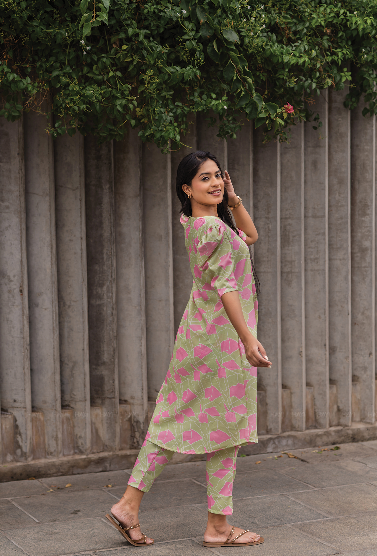 Rinth Green with Whimsical Bloom printed Linen Blend Co Ords